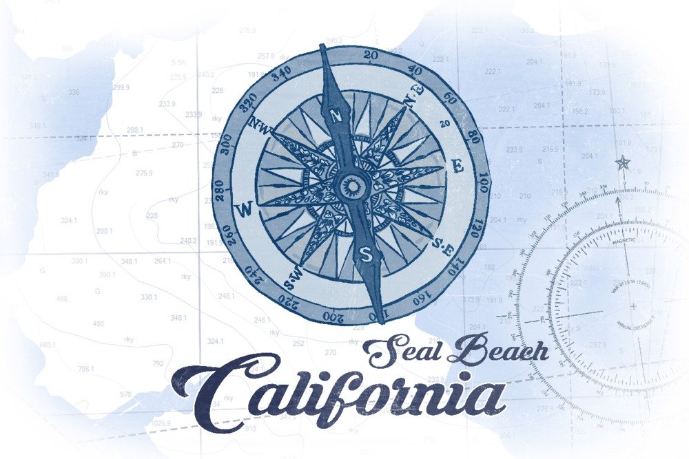 Blue Coastal Compass Wall Art - Seal Beach California Travel Poster - 16x24 Giclee Gallery Print - Perfect for Beach House Decor, Nautical Theme Rooms & Travel Lovers