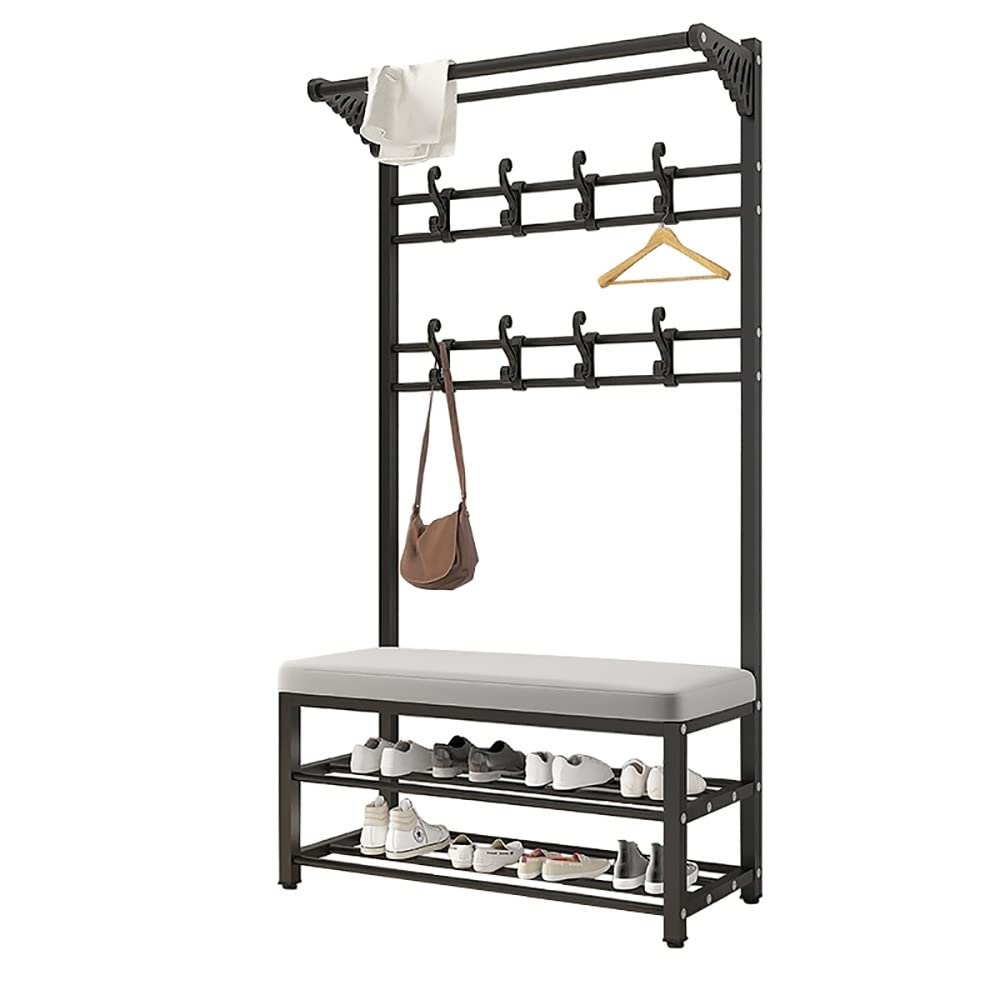 3-in-1 Freestanding Entryway Coat Rack with Shoe Bench & 10 Hooks - 2-Tier Shoe Storage & Top Shelf - Black Hall Tree Organizer (100x30x175cm) for Foyer, Hallway & Mudroom Organization