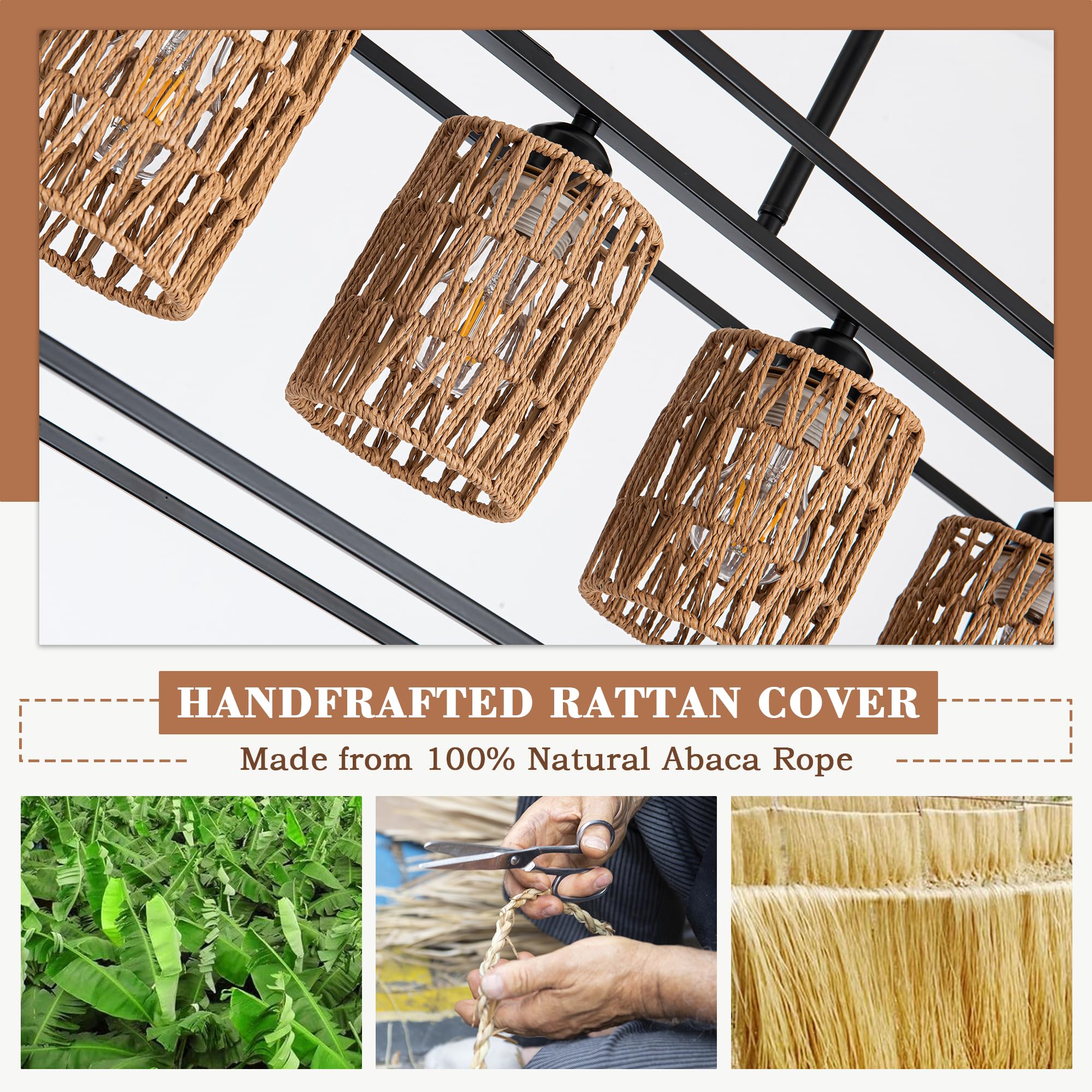 5-Light Rattan Kitchen Island Chandelier - Modern Boho Rustic Hanging Light Fixture for Dining Room & Farmhouse Kitchen | Perfect Over Tables & Kitchen Islands
