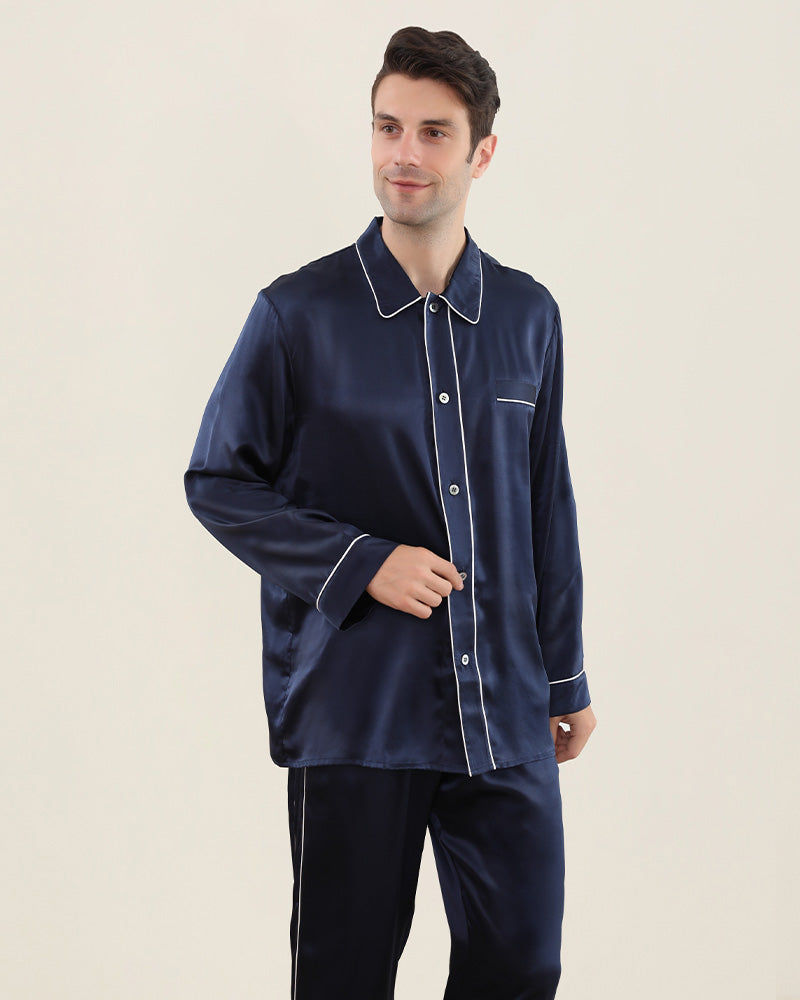 Luxury 22Momme Double Button Silk Pajamas Set for Men - Soft & Breathable Sleepwear for Comfortable Nights at Home or Travel
