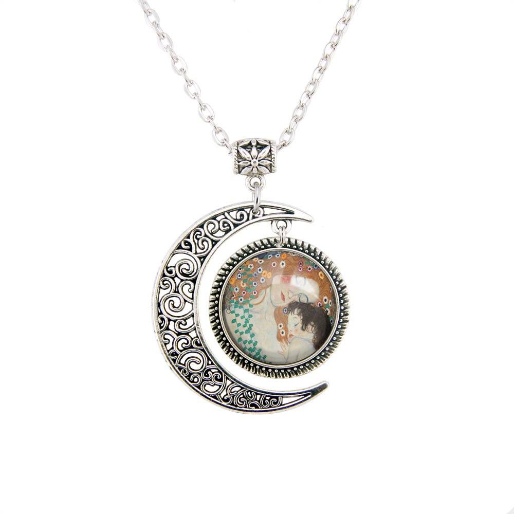 Gustav Klimt Moon Pendant Necklace for Women - Elegant Mother's Day Gift, Fashion Jewelry for Daily Wear & Special Occasions