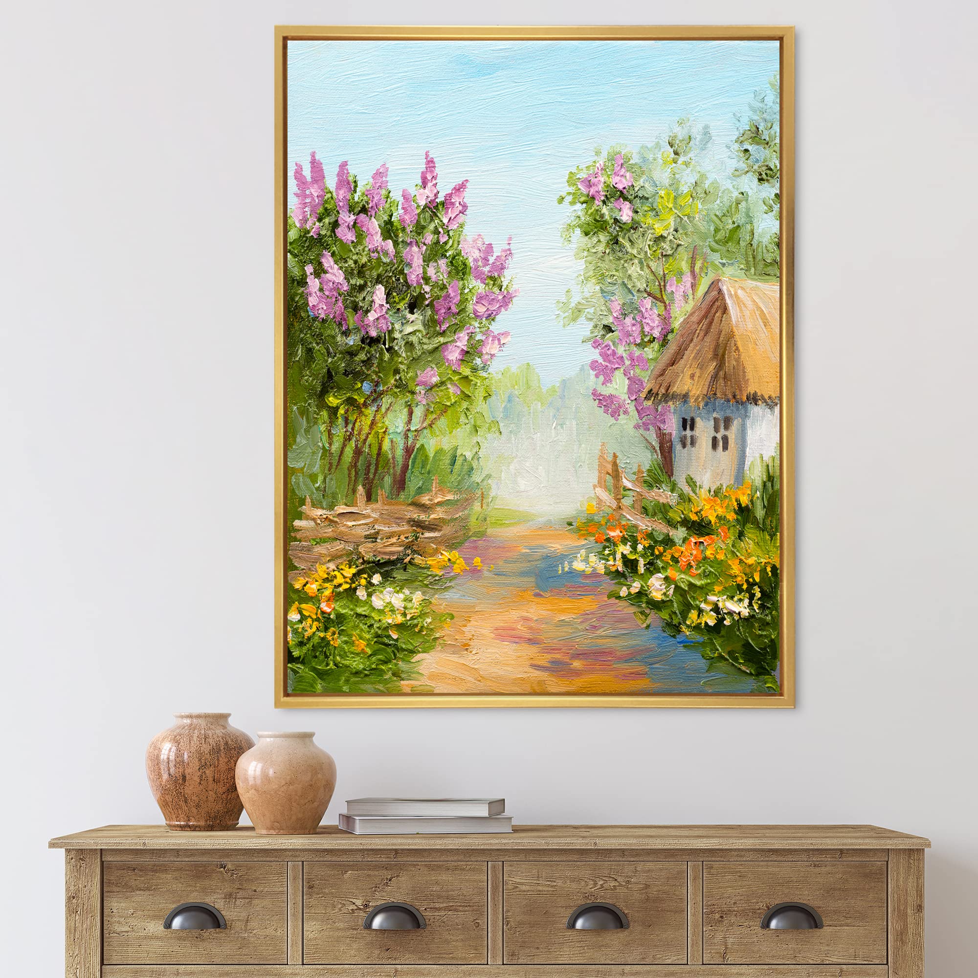 DesignQ Little House In The Blossoming Forest - Lake House Framed Canvas Wall Art Print - Nature Inspired Home Decor for Living Room, Bedroom & Office