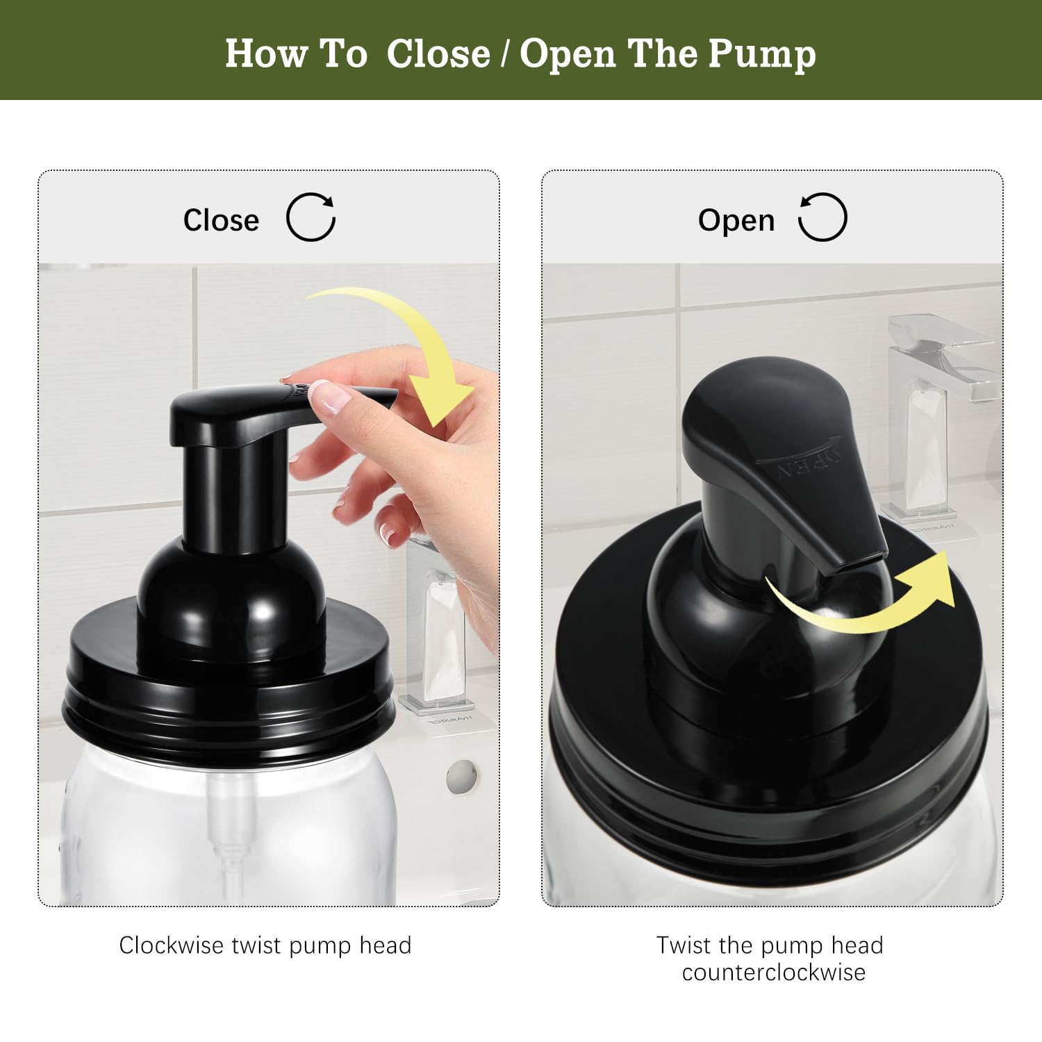Amolliar Mason Jar Foaming Soap Dispenser Lids - 4 Pack Black Plastic Foam Pump Lids for Regular Mouth Jars | Farmhouse Kitchen & Bathroom Accessories | Includes Waterproof Stickers | Perfect for Hand Soap, Dish Soap & Shower Gel Dispensers