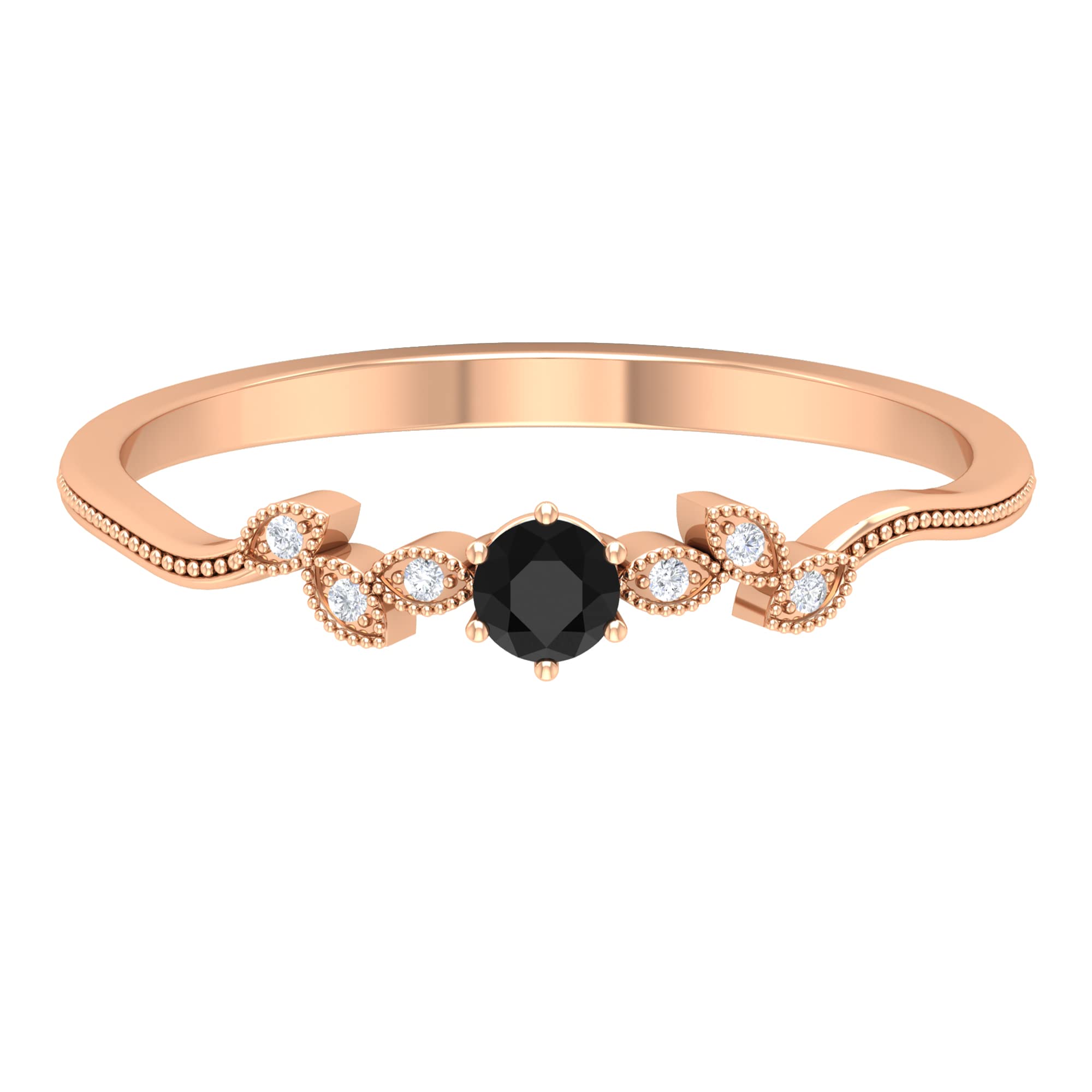 14K Solid Gold Black Spinel & Diamond Leaf Promise Ring for Women | Elegant Beaded Design | Perfect for Anniversaries, Engagements & Special Occasions