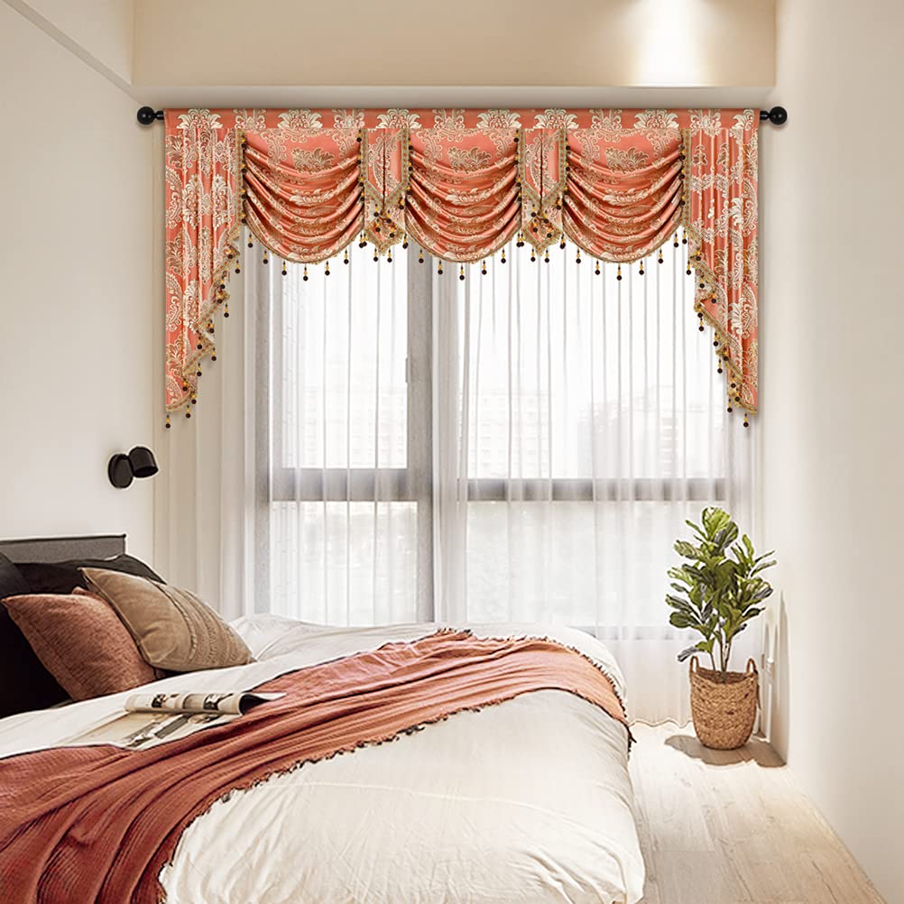 ELKCA Jacquard Waterfall Valance - Damask Coffee Kitchen & Living Room Curtain Valance - 1 Panel (98 Inch Wide) - Perfect for Windows, French Doors & Home Decor
