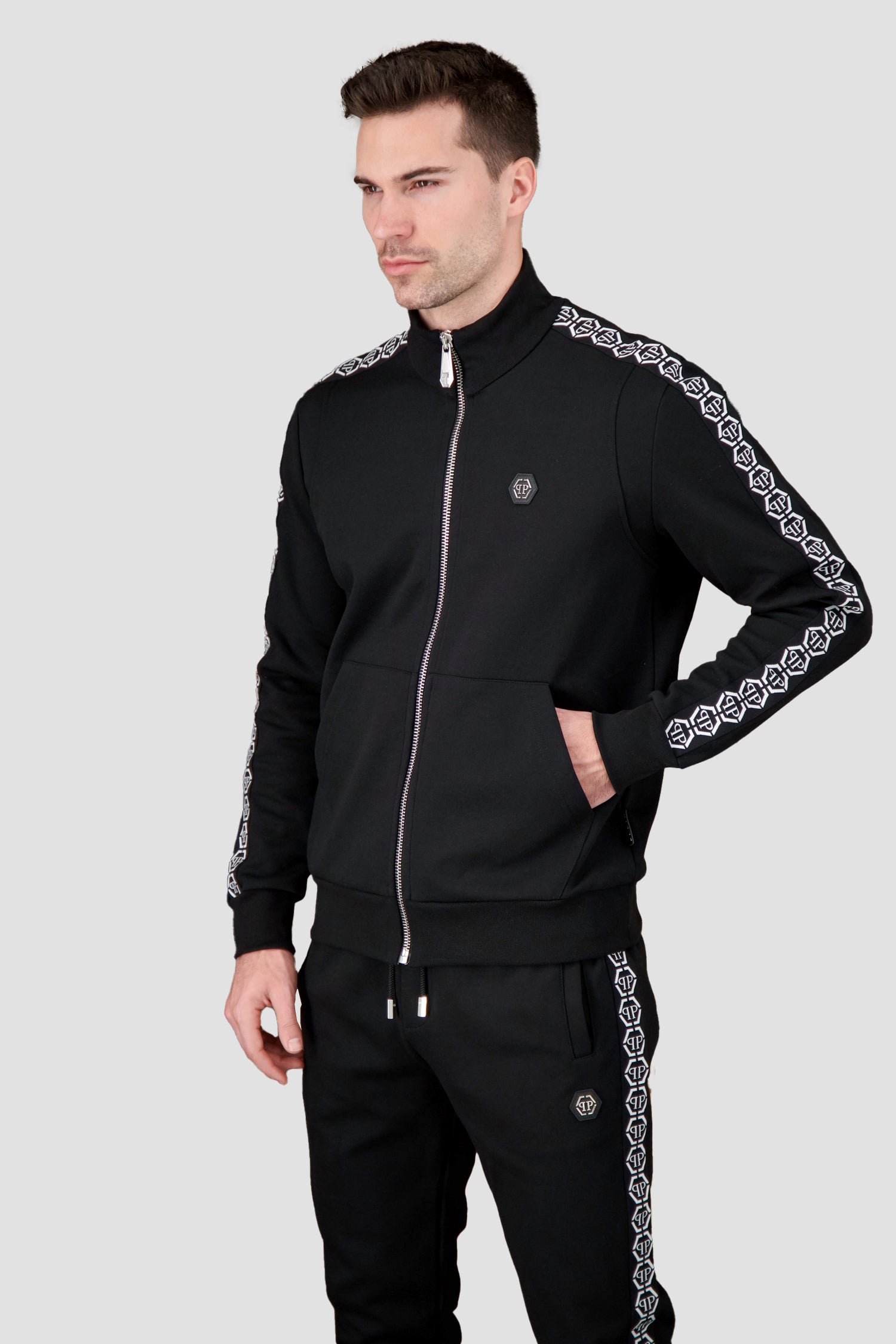Philipp Plein Black Hexagon Jogging Jacket for Men - Stylish Waterproof Windbreaker for Running, Gym & Outdoor Activities