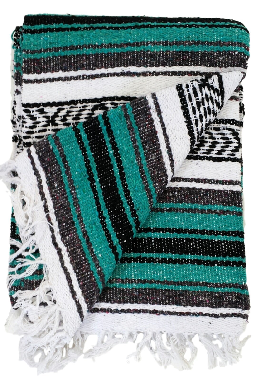 Authentic Mexican Serape Falsa Blanket - Handwoven Cotton Throw - Teal Blue Striped Design - Perfect for Beach, Picnic, Sofa & Home Decor