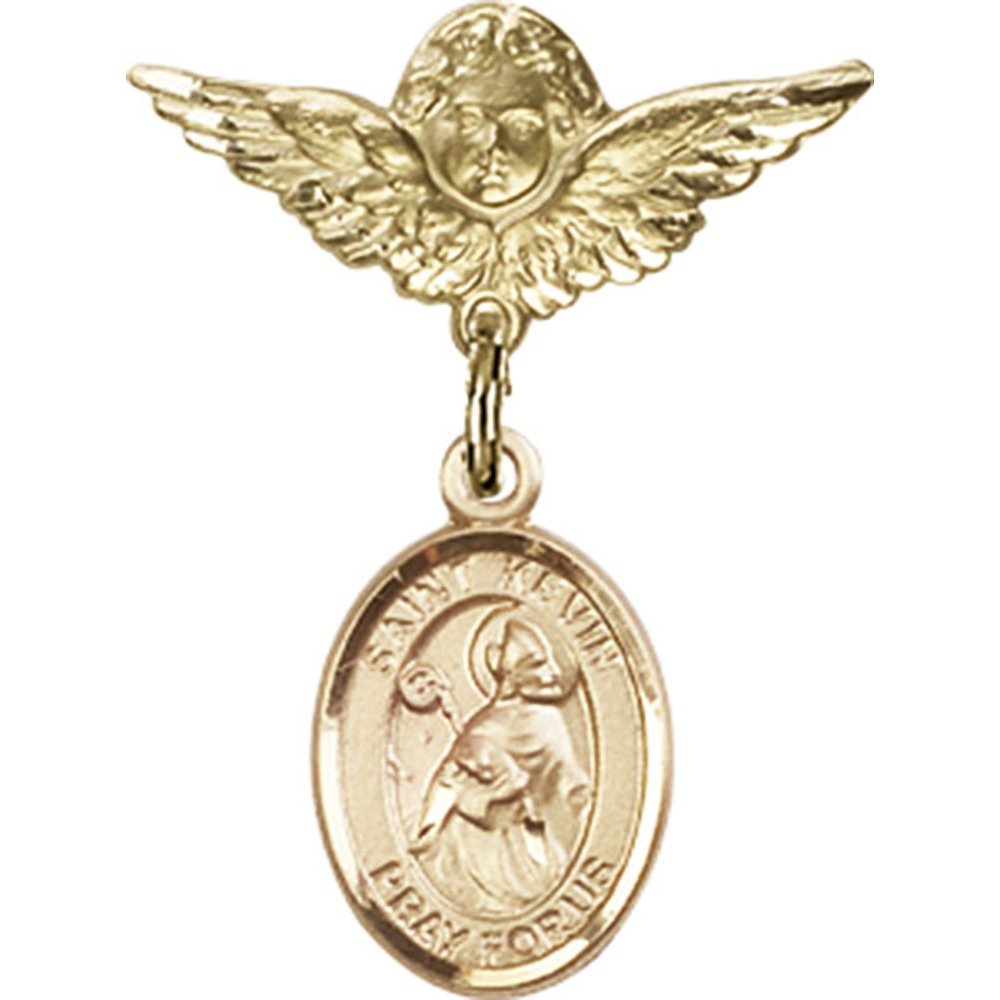 Gold Filled St. Kevin Charm & Angel Wing Baby Badge Pin - 1 x 3/4 Inch - Perfect for Christening Gifts, Baby Showers & Keepsake Jewelry