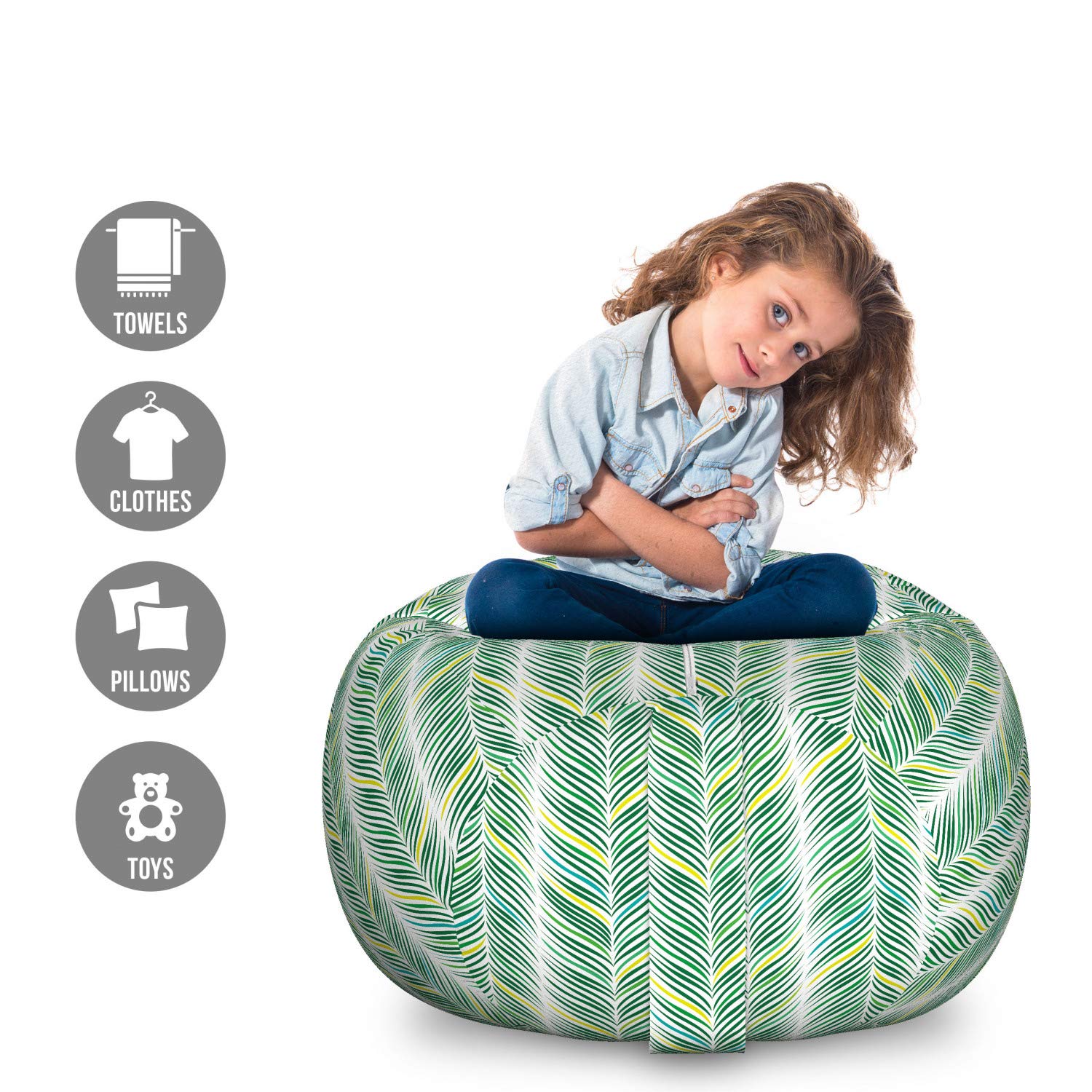 Ambesonne Jungle Leaves Pattern Storage Toy Bag Chair - Large Washable Stuffed Animal Organizer with Swift Stripes Design in Sea Green & Cream | Perfect for Kids' Room, Playroom & Nursery Organization