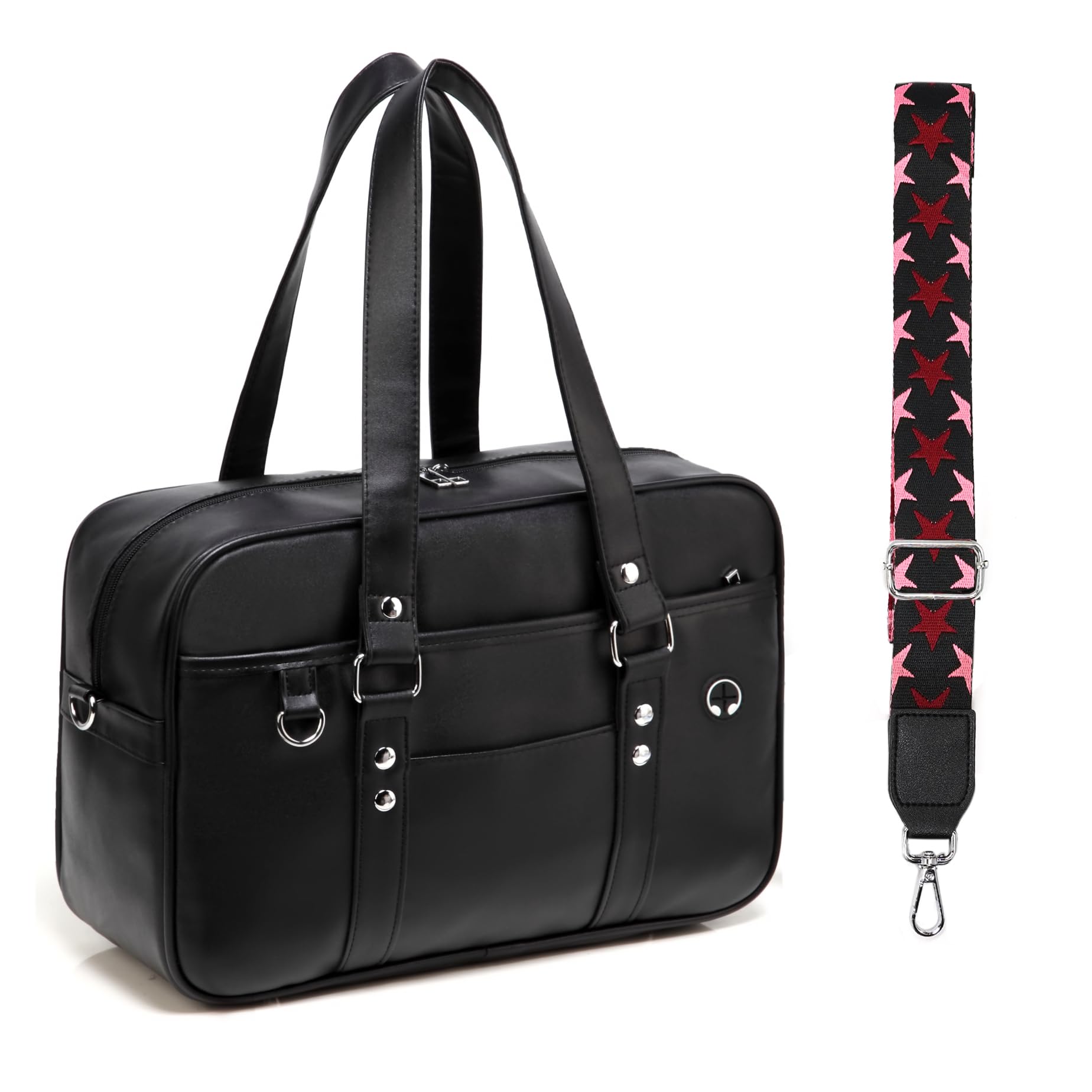 Stylish Large Japanese School Shoulder Bag - Faux Leather Tote & Crossbody Messenger Bag with Cute Pink Pompom Stripe Strap | Perfect for School, Work, Travel & Daily Use