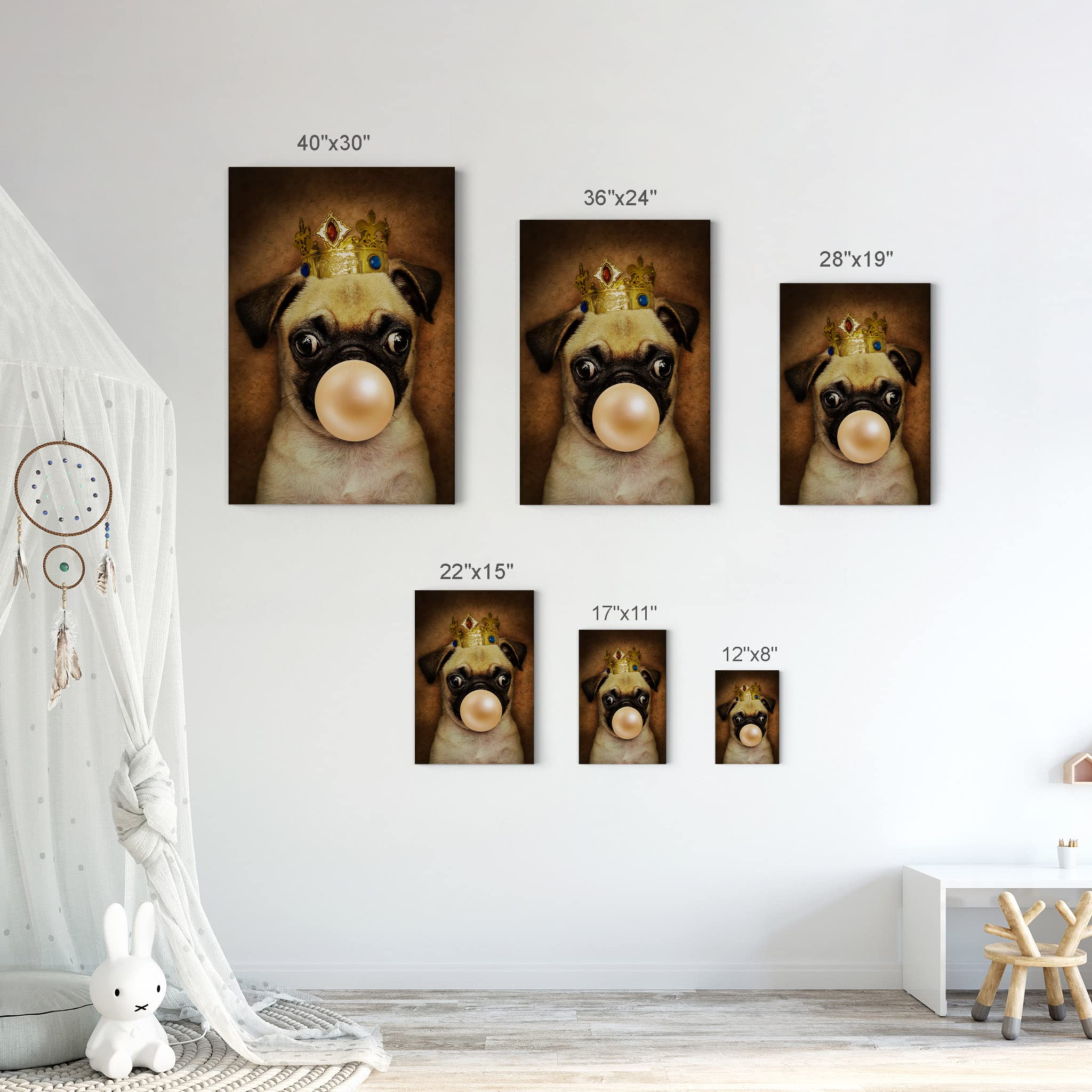 King Pug & Epagneul Breton Dog Portrait Canvas Art Set - Crowned Pug Chewing Bubble Gum Wall Decor for Living Room, Bedroom, Nursery (2-Piece 40x30 Inch)