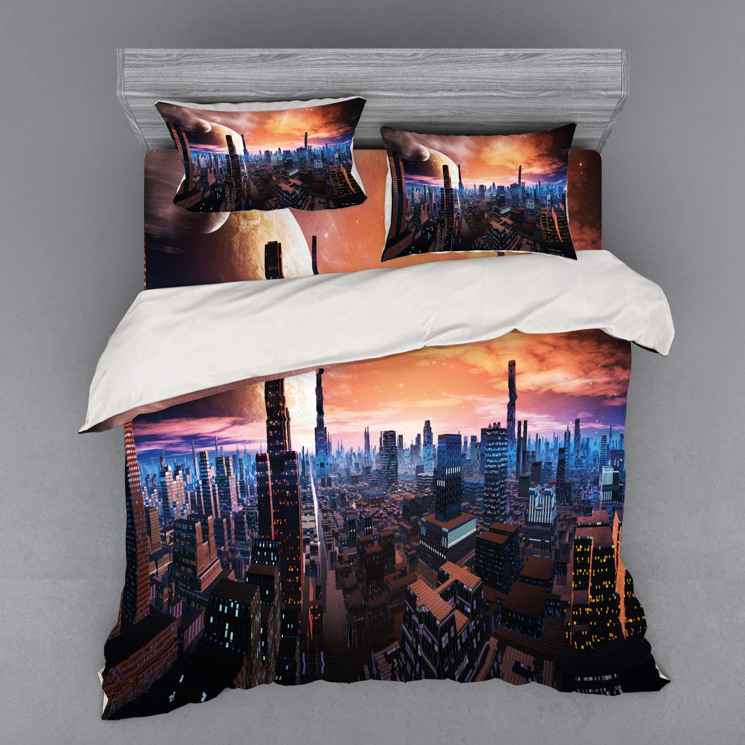 Ambesonne Futuristic Cityscape Duvet Cover Set - Sci-Fi Inspired Distant World Design with Planets in Sky, 4-Piece King Size Bedding Set (Shams & Fitted Sheet) in Orange, Blue & Cinnamon - Perfect for Sci-Fi Lovers' Bedrooms & Space-Themed Home Decor