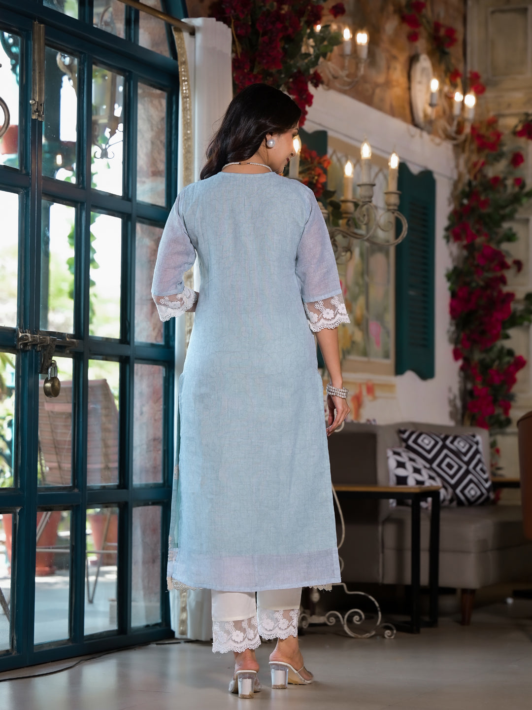 Stylish Blue Linen Pant Suit for Women - Digital Printed Designer Outfit - Perfect for Office Wear, Business Meetings & Formal Events