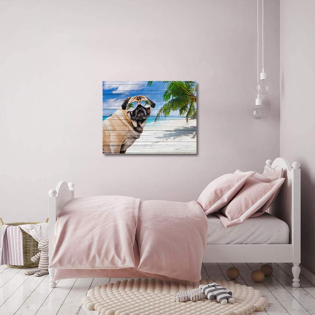 Chucoco Cool Pug Dog with Sunglasses Canvas Wall Art - Summer Beach Painting on Stretched Framed Canvas - Ready to Hang Home Decor - Perfect for Living Room, Bedroom & Office Wall Decor