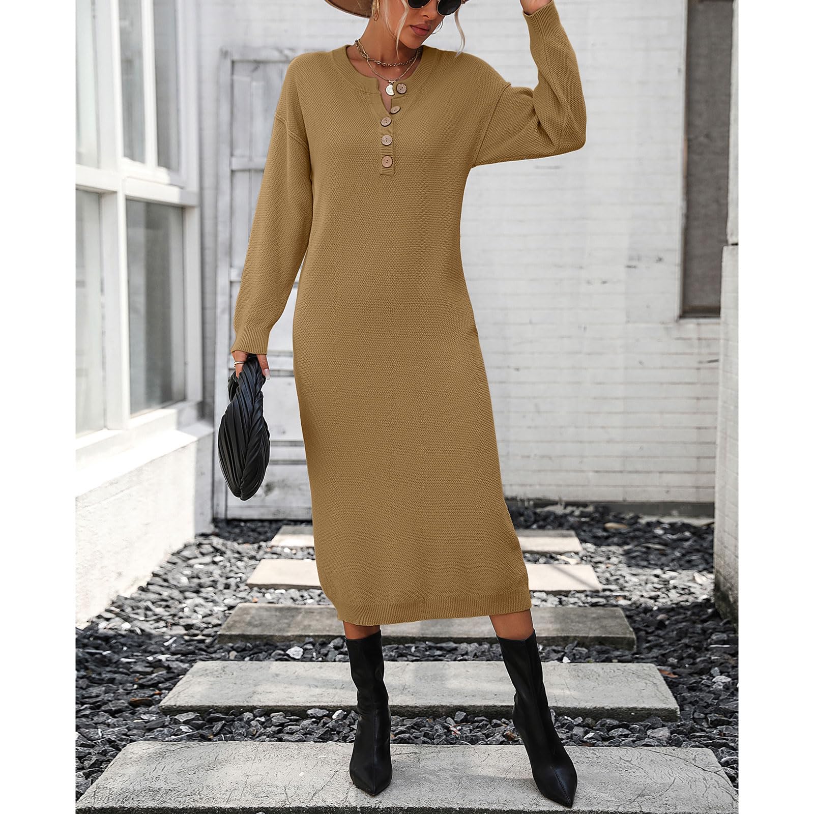 Women's Oversized V-Neck Button Long Sleeve Sweater Dress - Casual Loose Waffle Knit Maxi Pullover for Fall Winter Fashion | Perfect for Office, Date Night & Cozy Home Wear