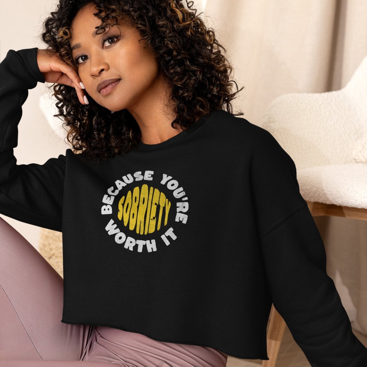 Sobriety: Because You're Worth It - Premium Crop Hoodie for Women | Cozy Lounge Wear & Street Style Fashion
