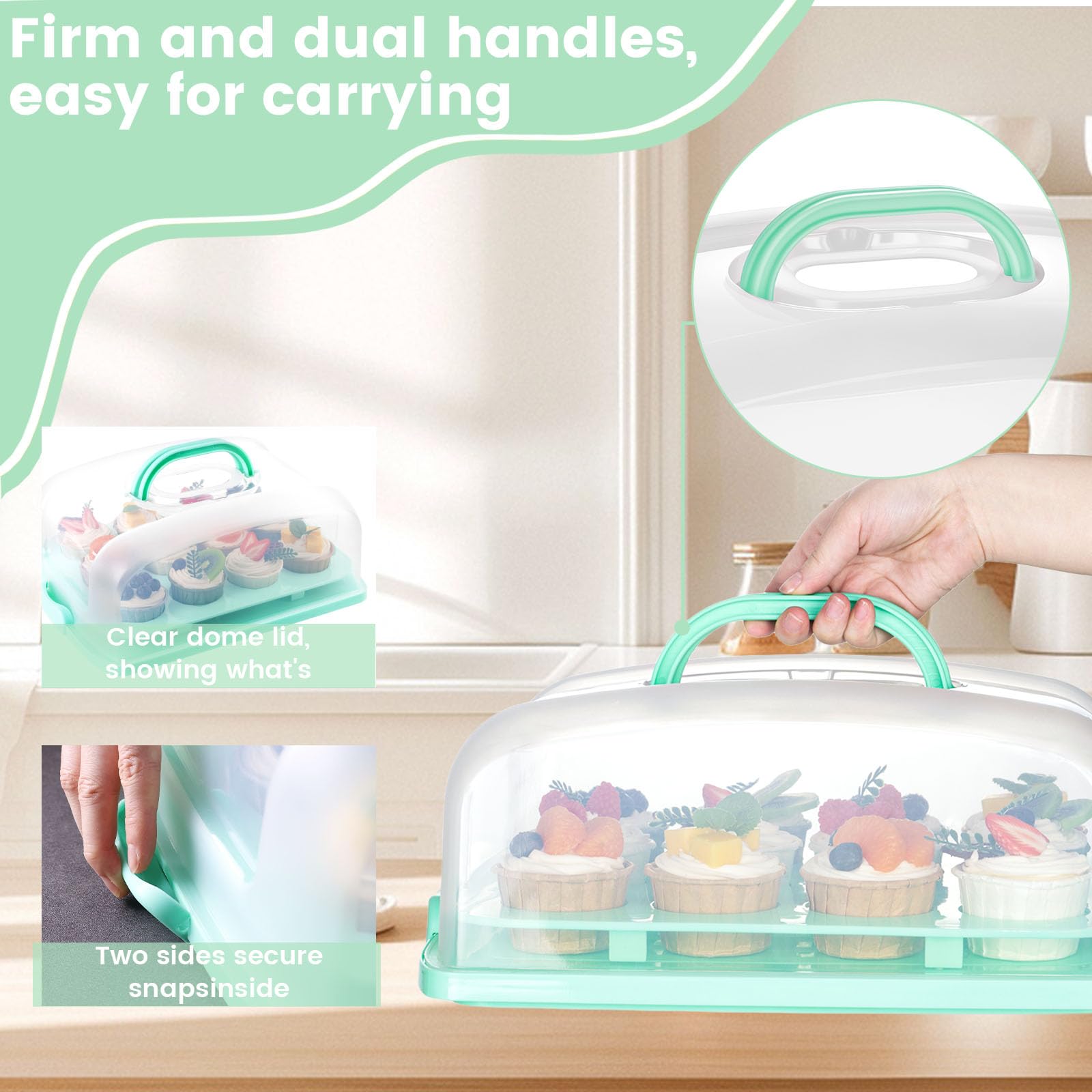 VGOODALL 12-Cupcake Cake Carrier with Lid - 2-in-1 Portable Dessert Container for Cakes, Pies, Muffins & Cobblers | Green Baking Storage Box for Parties, Picnics & Potlucks