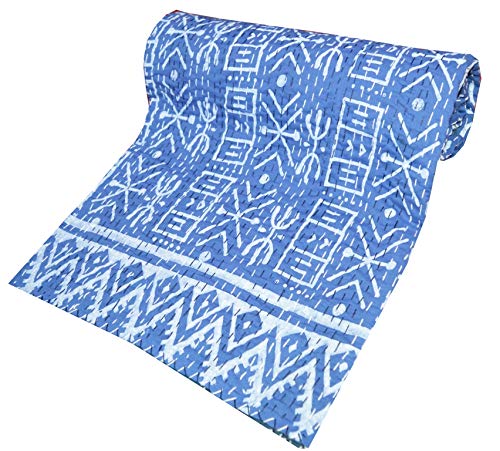 Handmade Indian Kantha Quilt - 100% Cotton Soft Patchwork Blanket for Bed, Sofa & Decor | Traditional Blue Throw Bedspread for Cozy Home, Living Room & Guest Room | Perfect for Gifts, Yoga & Meditation Spaces