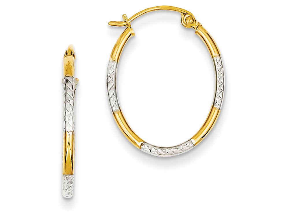 14K Yellow Gold & Rhodium Plated Oval Hoop Earrings for Women - Elegant Bright Cut Design - Perfect for Parties, Weddings & Everyday Wear | FJC Finejewelers