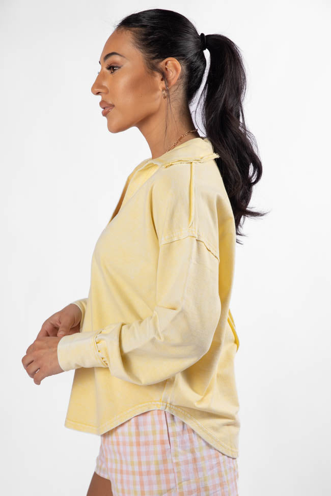 Take A Chance Yellow Acid Wash Knit Collared Long Sleeve Tee - Vintage Style Casual Shirt for Women - Perfect for Streetwear, Music Festivals & Everyday Outfits