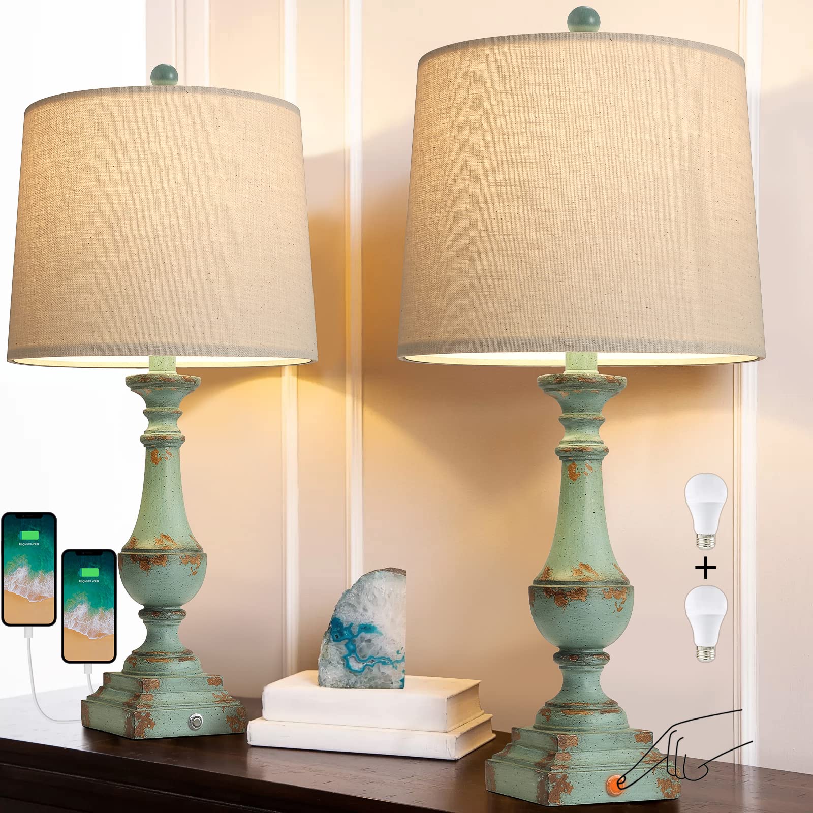 PORTRES 25.75 Inch 3-Way Dimmable Touch Table Lamp Set of 2 - USB Charging Bedside Lamps for Bedroom, Living Room, Kids Room & Study - Rustic Style Nightstand Lighting (Green) | Perfect for Reading, Working & Creating Cozy Ambiance