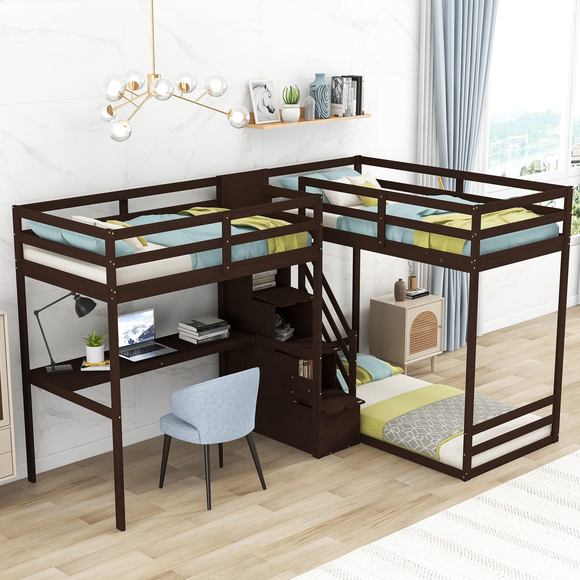 Solid Wood L-Shaped Twin Over Twin & Twin Bunk Bed with Staircase and Desk - Triple Sleeper for Kids, Teens & Adults - Space-Saving Bedroom Furniture for Small Rooms, Dorms or Vacation Homes (White)