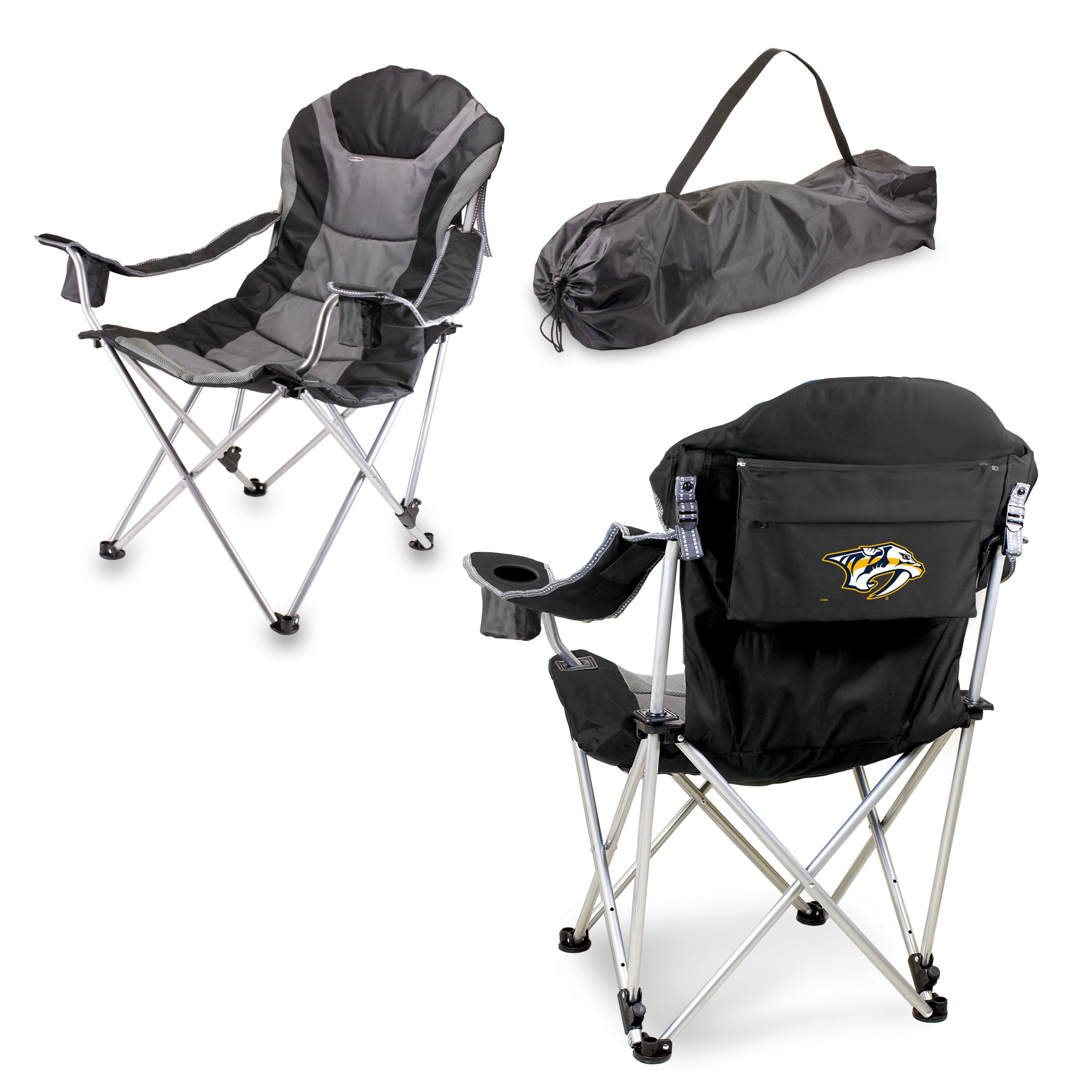 PICNIC TIME NHL Carolina Hurricanes Reclining Camp Chair - Portable Folding Beach Chair for Adults with Carry Bag, Perfect for Outdoor Sports Games, Camping & Backyard Relaxation (Black with Gray Accents)