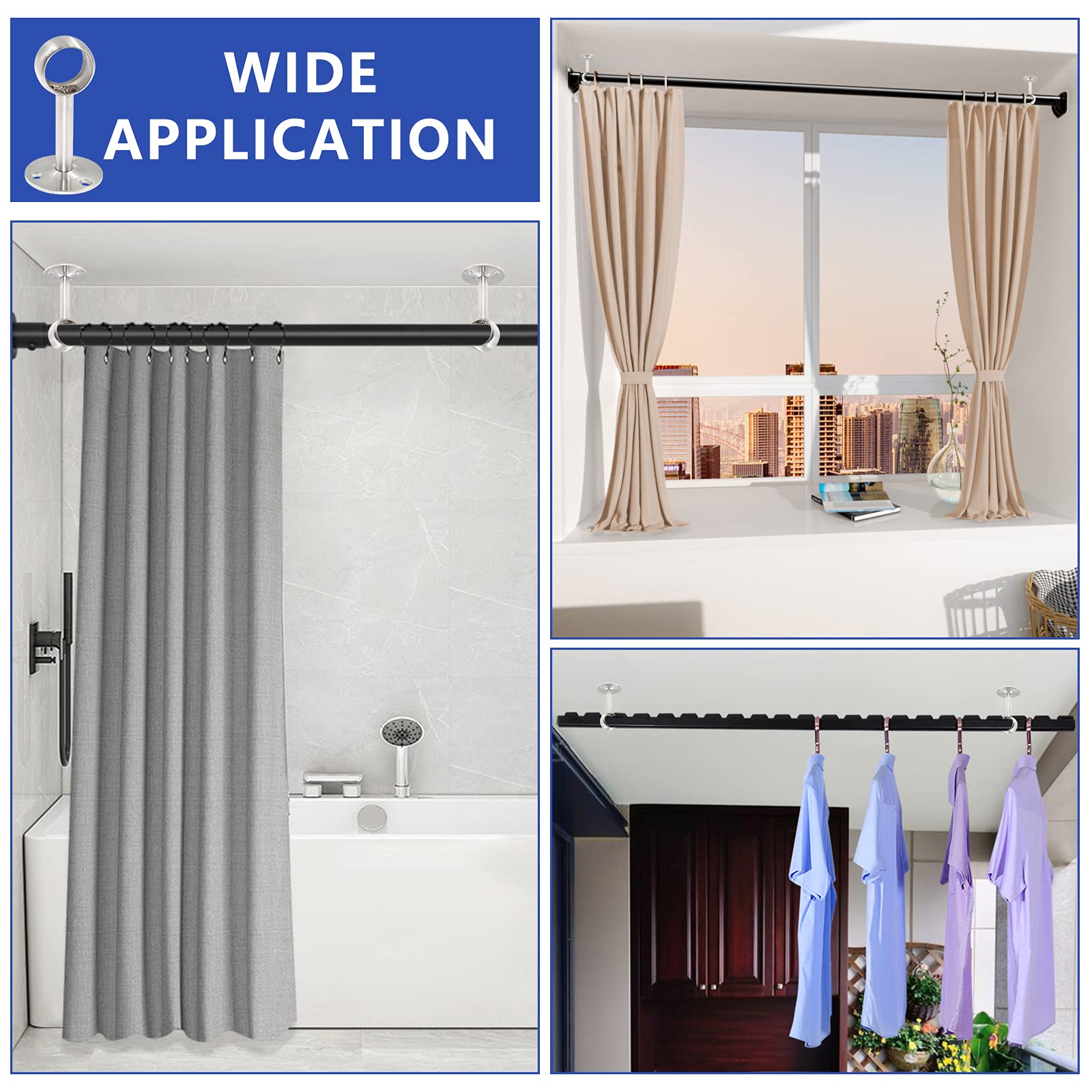 4 Pcs 1 Inch Heavy Duty Stainless Steel Ceiling Mount Curtain Rod Brackets - Flange Closet Rod Holder & Shower Curtain Rod Socket with Brushed Finish - Perfect for Bathroom, Closet Organization & Home Decor