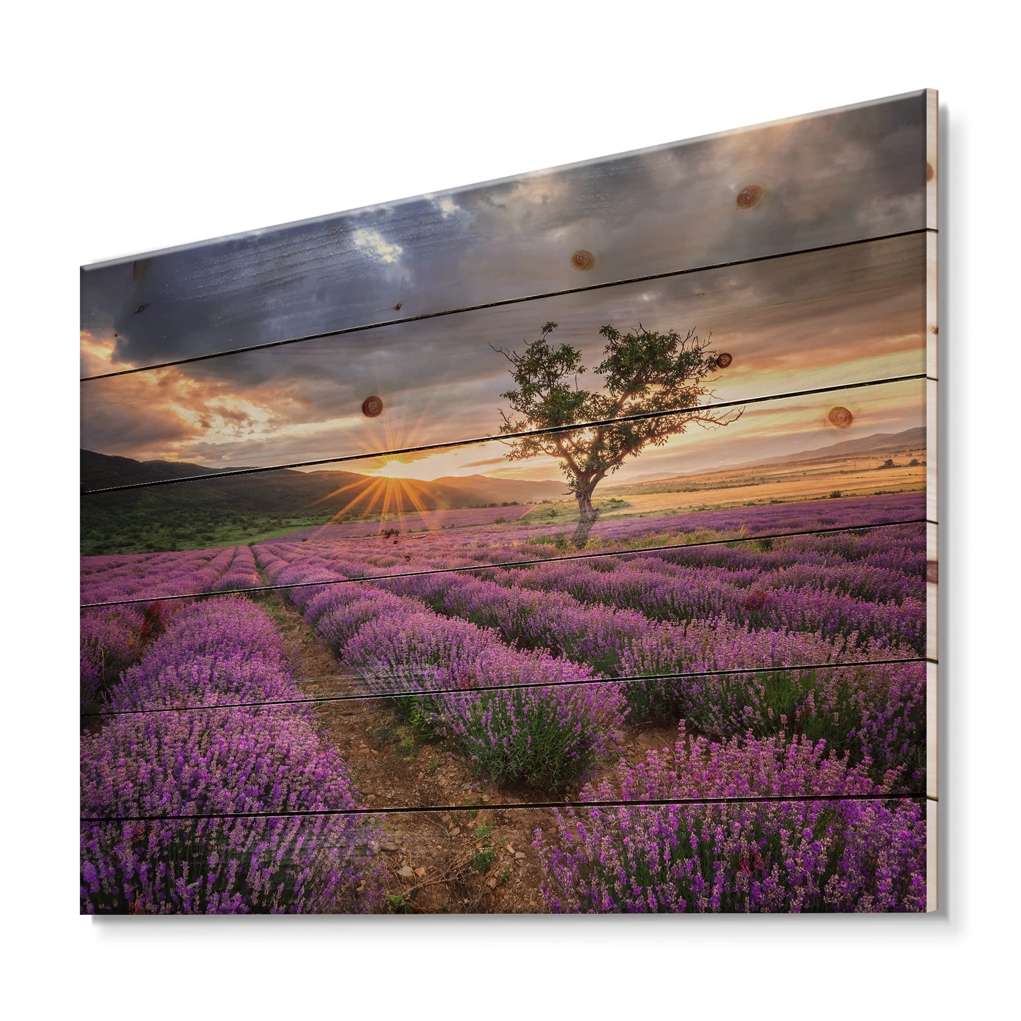 DesignQ Sunrise & Dramatic Clouds Over Lavender Field VIII - Farmhouse Wall Art Print on Natural Pine Wood Canvas - Perfect for Living Room, Bedroom & Office Decor