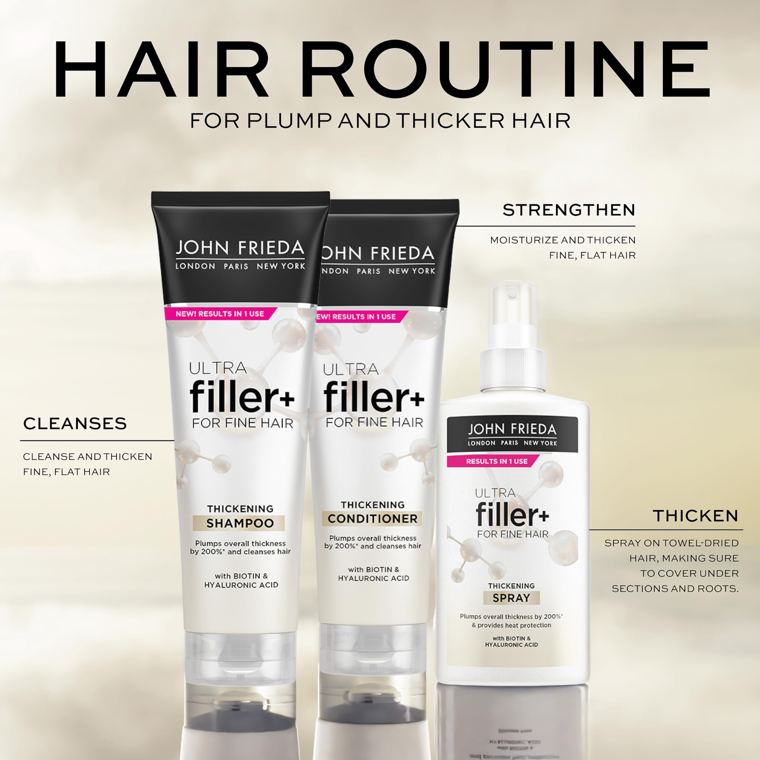 John Frieda ULTRAfiller+ Thickening Shampoo & Conditioner Set for Fine Hair - 8.3 Oz Each + 5 Oz Thickening Spray | Volumizing Hair Care for Thin Hair | Perfect for Daily Use & Special Occasions
