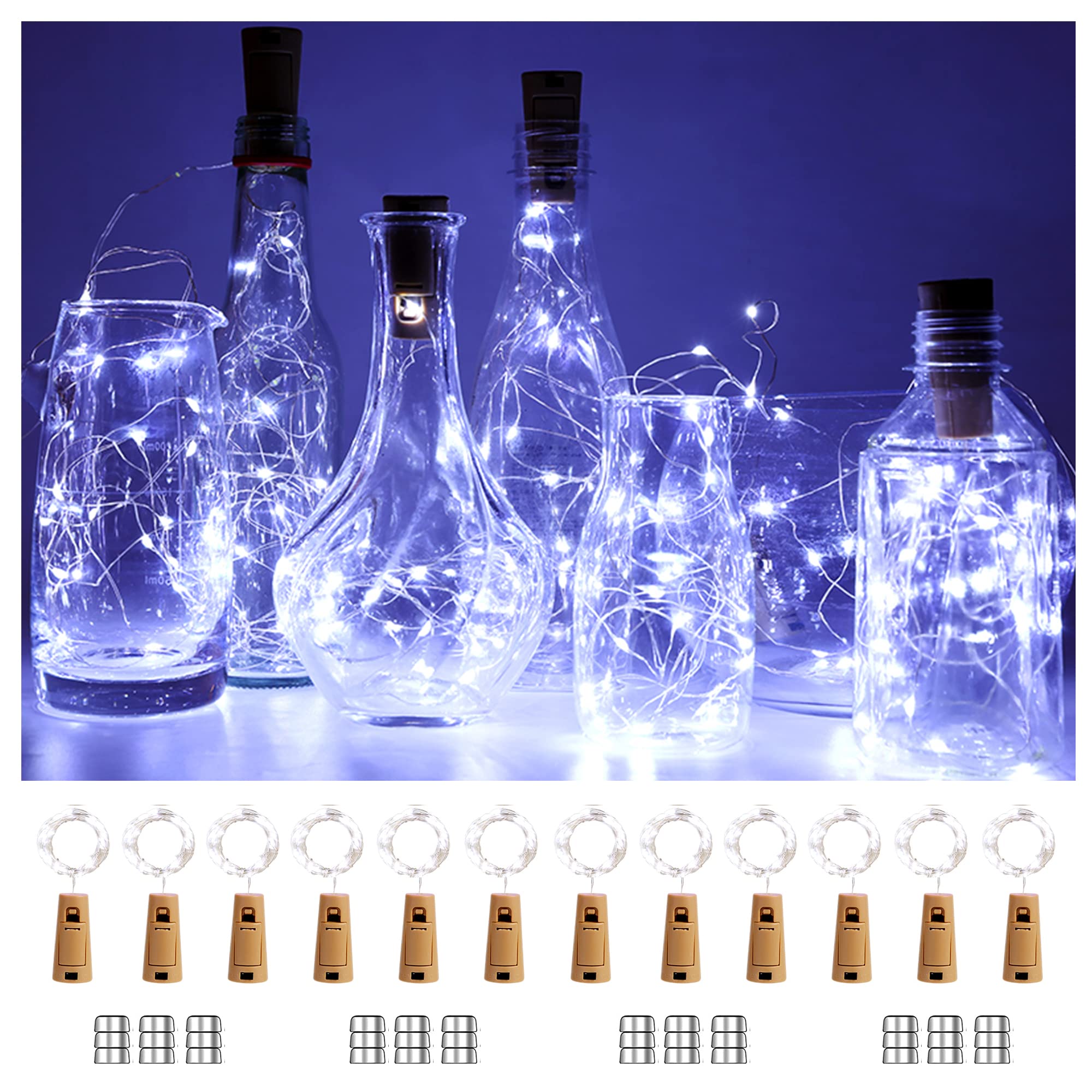NiHoo 12-Pack LED Wine Bottle Lights with Cork - 20 Battery-Operated Waterproof Fairy String Lights for Wedding, Party & Bedroom Decor - Cool White Mini Wire Cork Lights (Batteries Included) | Perfect for Romantic Dinners, Holiday Centerpieces & DIY Home Decor