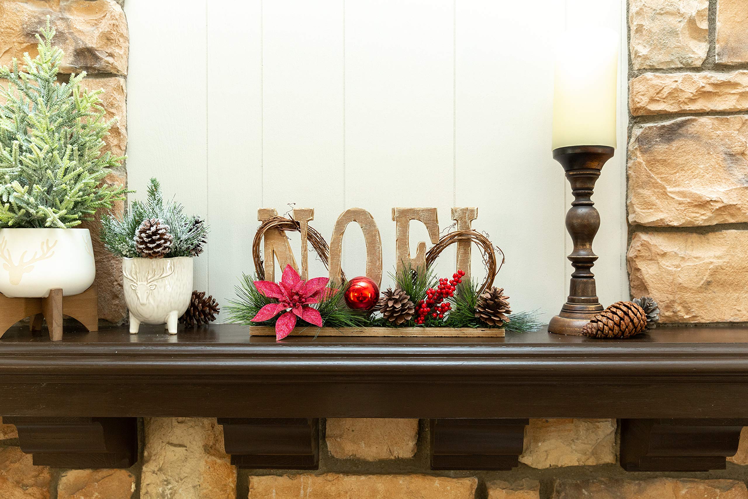 17 Inch Wood Noel Floral Sign - Large Christmas Home Decor Centerpiece for Holiday Mantel, Table, or Wall Display