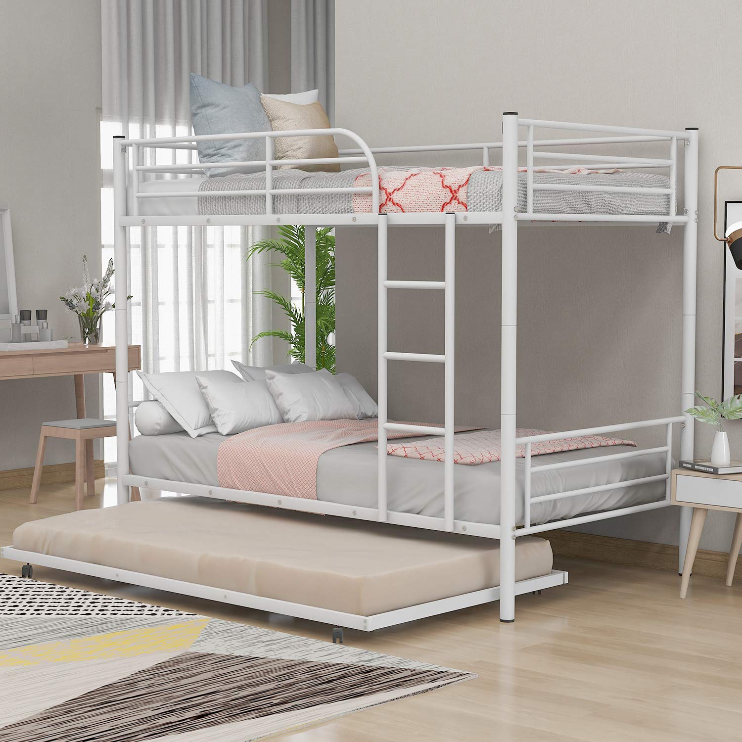 Kteam Twin-Over-Twin Metal Bunk Bed with Trundle & Stairs - Convertible to 2 Separate Twin Beds - No Box Spring Required - White - Perfect for Kids' Bedrooms, Guest Rooms & Small Spaces