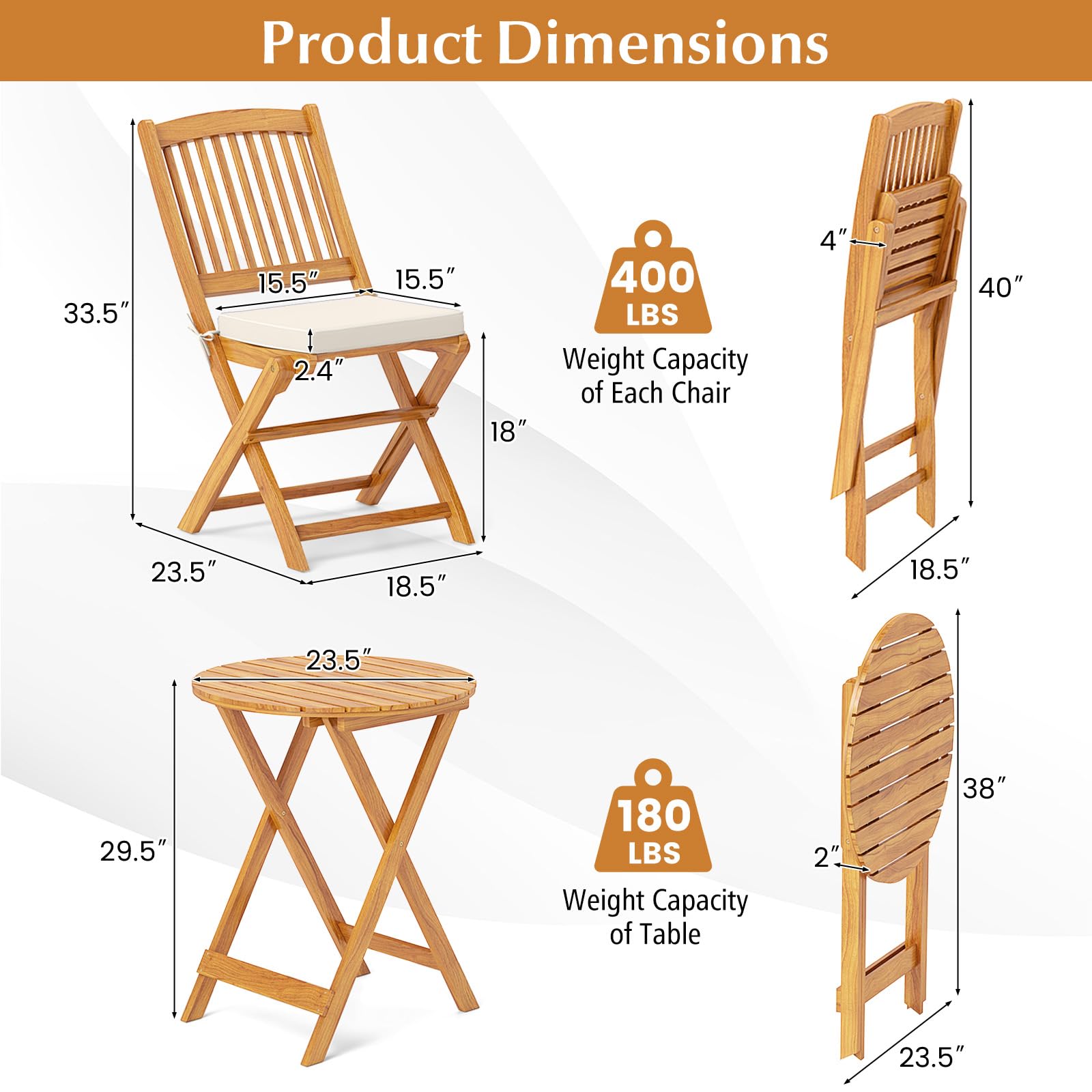 Tangkula 3-Piece Acacia Wood Patio Bistro Set with Cushions - Outdoor Folding Table & Chairs for Garden, Deck, Balcony, Backyard - Perfect for Dining, Relaxing & Entertaining