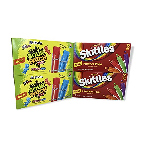 Skittles & Sour Patch Kids Freezer Pops - 2 Boxes (10 Count Each) - 40 Assorted Fruit Flavored Ice Pops - Perfect for Summer Parties, BBQs & Kids Snacks