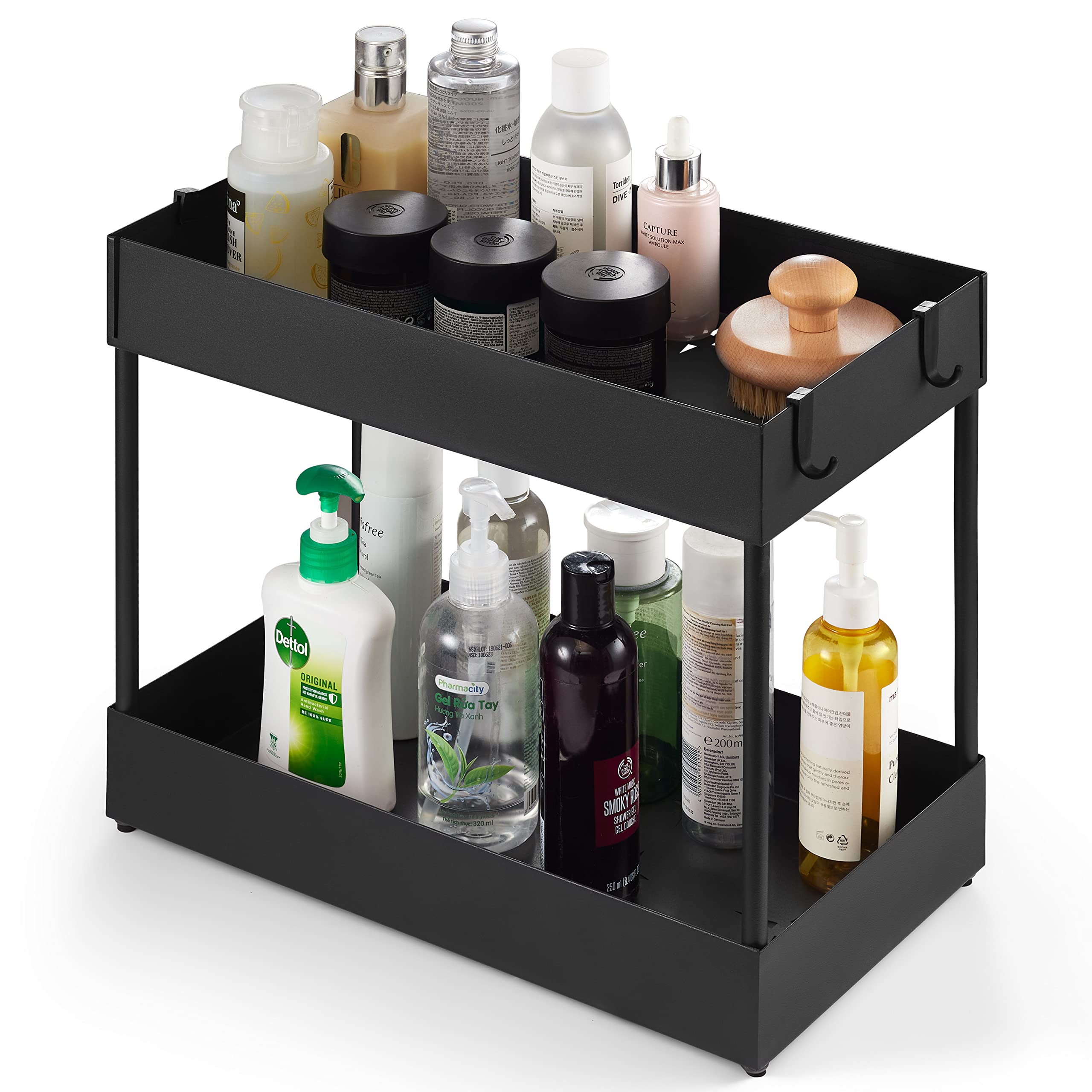 TIKITU 2-Tier Under Sink Organizer - Metal Kitchen & Bathroom Storage Shelf with Hooks - Black Countertop Organizer Rack for Cosmetics, Vanity Tray - Perfect for Small Space Organization in Kitchen, Bathroom & Laundry Areas