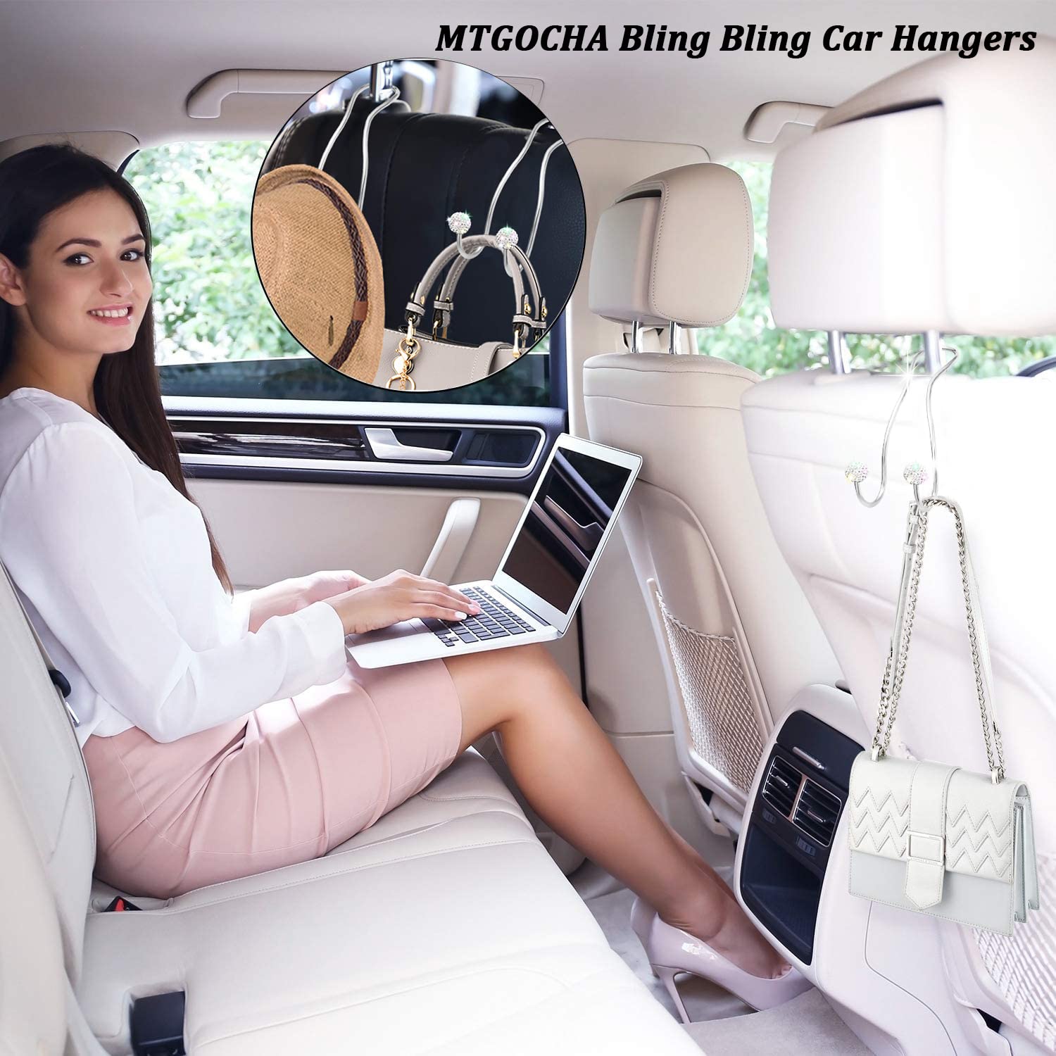MTGOCHA Upgraded Bling Car Purse Hook Hanger - 2 Pack Silver Car Seat Headrest Hook for Women, Perfect for Handbags, Totes & Shopping Bags - Ideal for Road Trips, Commuting & Errands