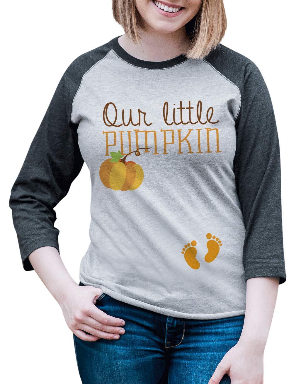 Custom Little Pumpkin Halloween Pregnancy Announcement Raglan Shirt for Women - Cute Maternity Tee for Fall Photo Shoots, Baby Reveal Parties & Seasonal Family Events