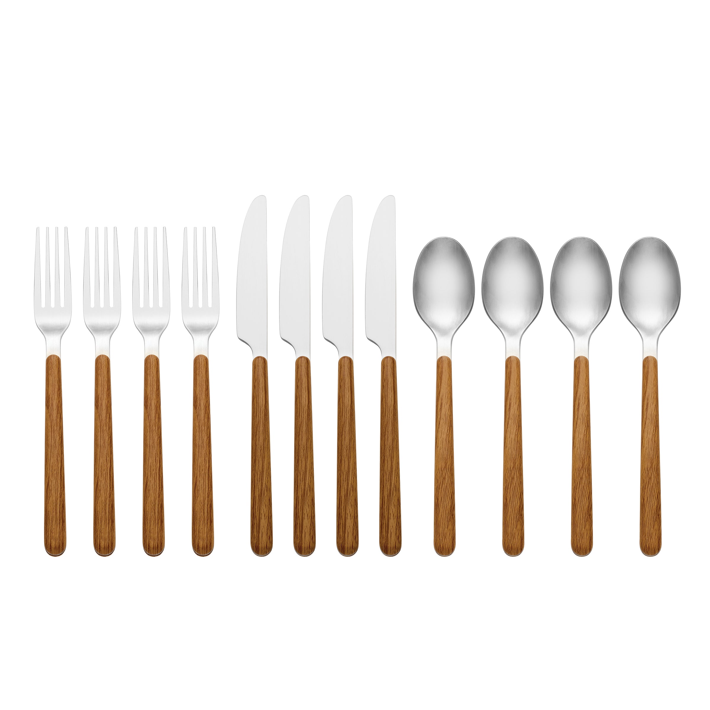 24 Seven Mirror Faux Wood Handle 12-Piece Flatware Set - Elegant Stainless Steel Cutlery for Dining, Kitchen & Entertaining