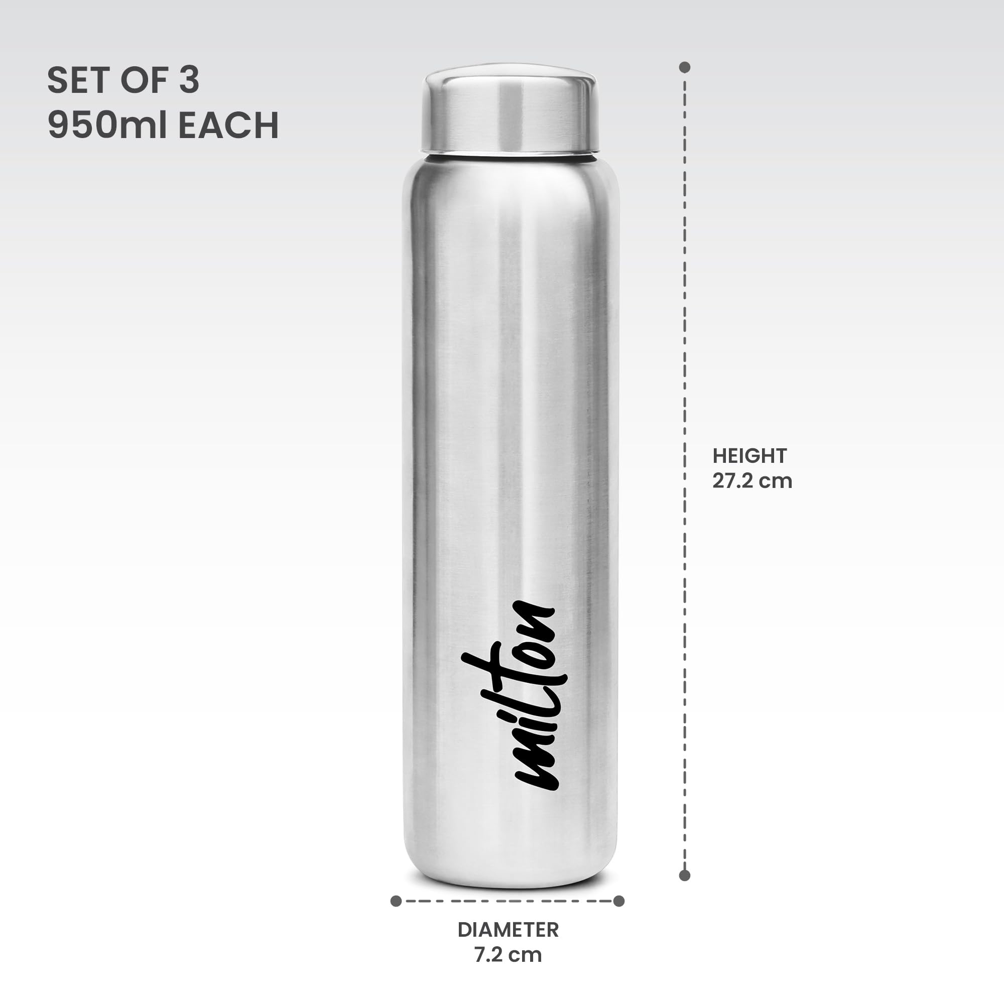 Milton Aqua 1000 Stainless Steel Water Bottle - 3 Pack (950ml Each) | Silver Leakproof Thermos | Perfect for Office, Gym, Hiking, Travel & Outdoor Activities | BPA-Free Insulated Water Bottle for Hot & Cold Drinks