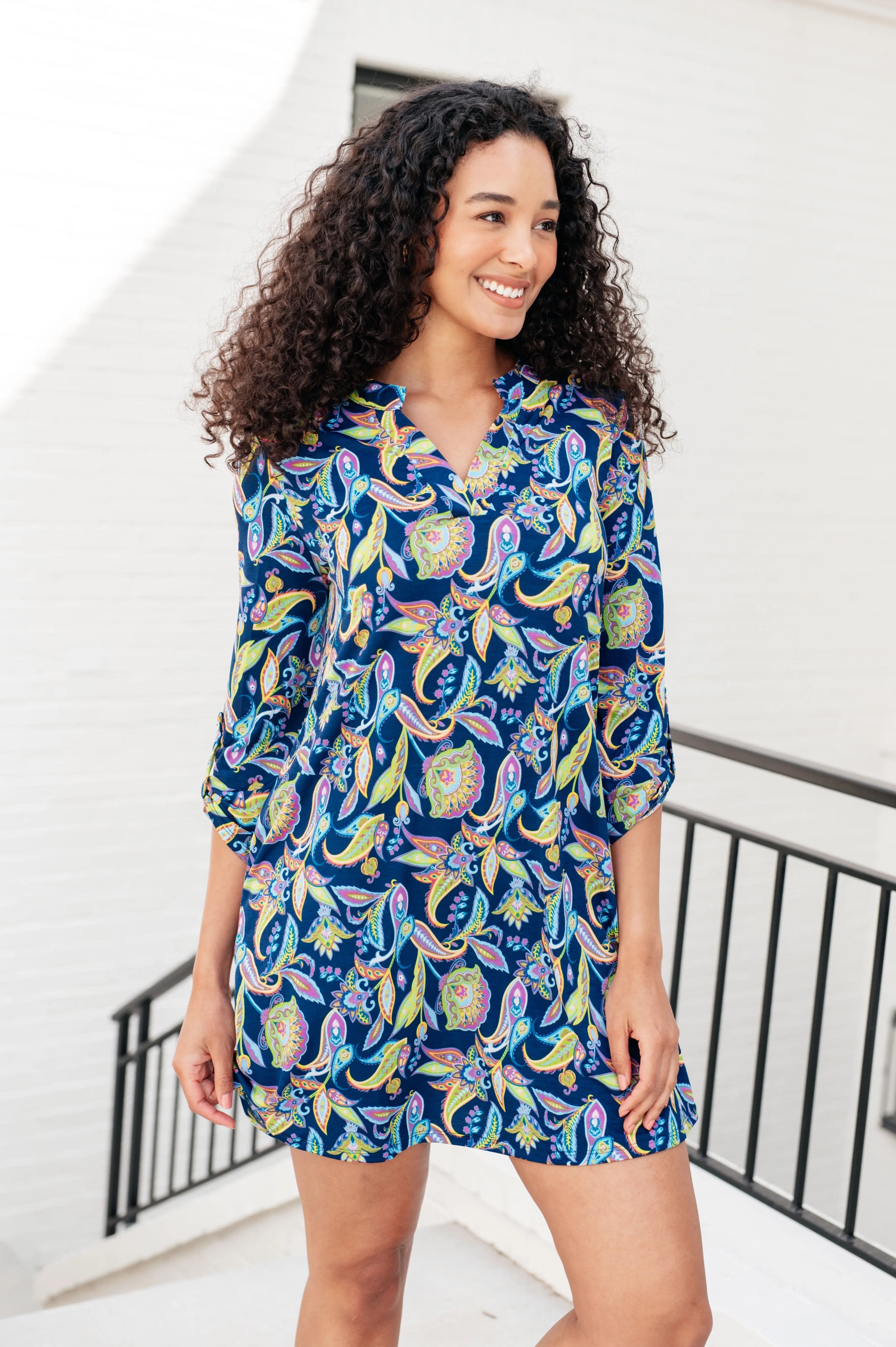 Lizzy Floral Paisley Dress for Women - Navy Blue & Bright Print - Perfect for Casual Outings, Parties & Summer Vacations