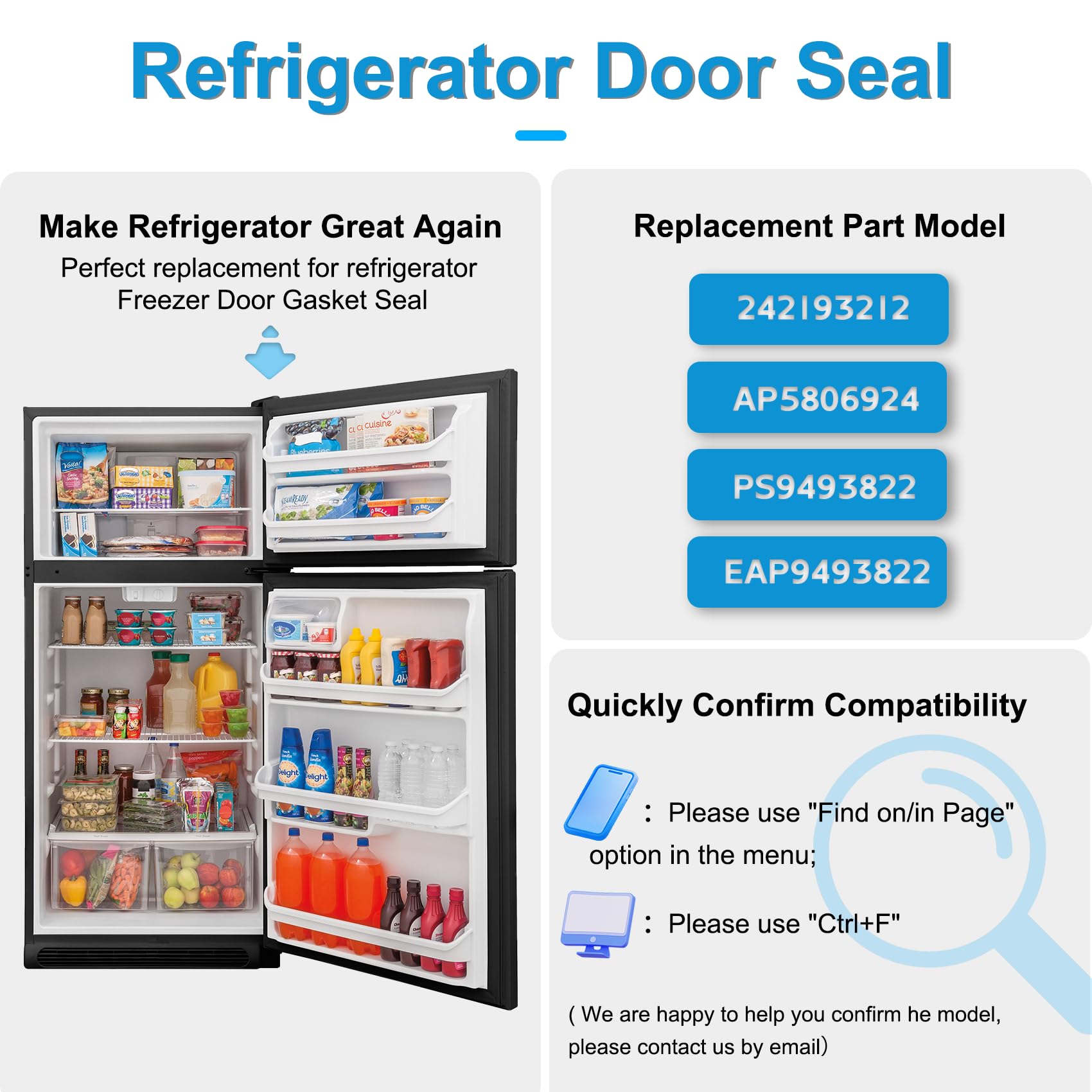 Upgraded Refrigerator Door Gasket Seal Replacement - Compatible with Frigidaire, Crosley, Kenmore Models - Replaces AP5806924 PS9493822 - Perfect for Fresh Food Storage & Door Seal Repair