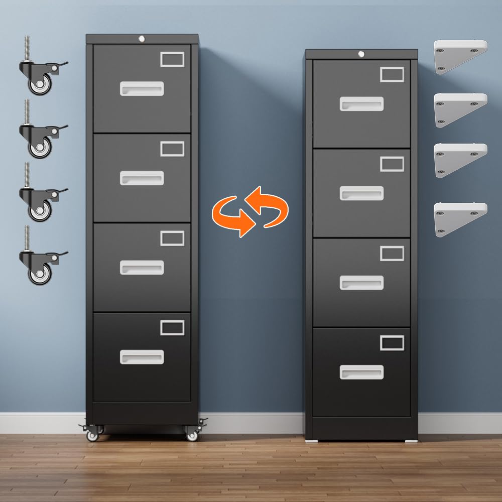 Lockable 4-Drawer Vertical File Cabinet on Wheels - Mobile Office & Home Storage Cabinet with Handle & Name Card - Easy Assembly, Black - Perfect for Organizing Documents, Files & Office Supplies