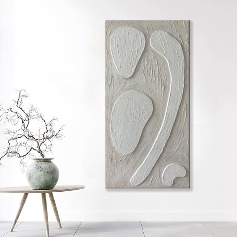 24x48 White Abstract Textured Canvas Wall Art - Hand Painted Contemporary Plaster Decor for Living Room, Bedroom & Office - Minimalist Vertical Modern Home Decor
