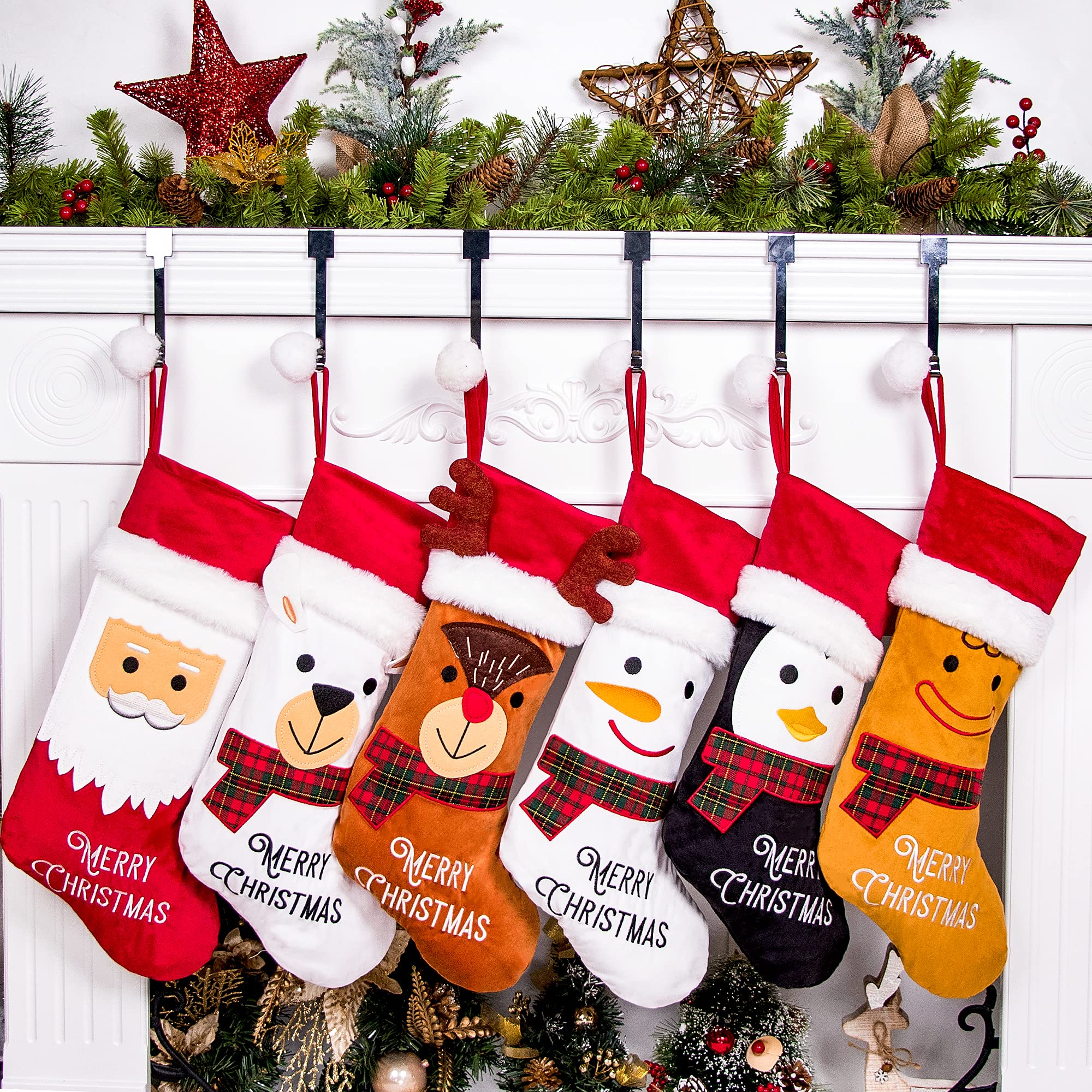 Luxury Velvet Christmas Stockings Set of 6 - 20.5 Inch Large Xmas Stockings for Family Holiday Decor | Classic Hanging Ornaments for Fireplace Mantel, Staircase & Festive Home Decoration