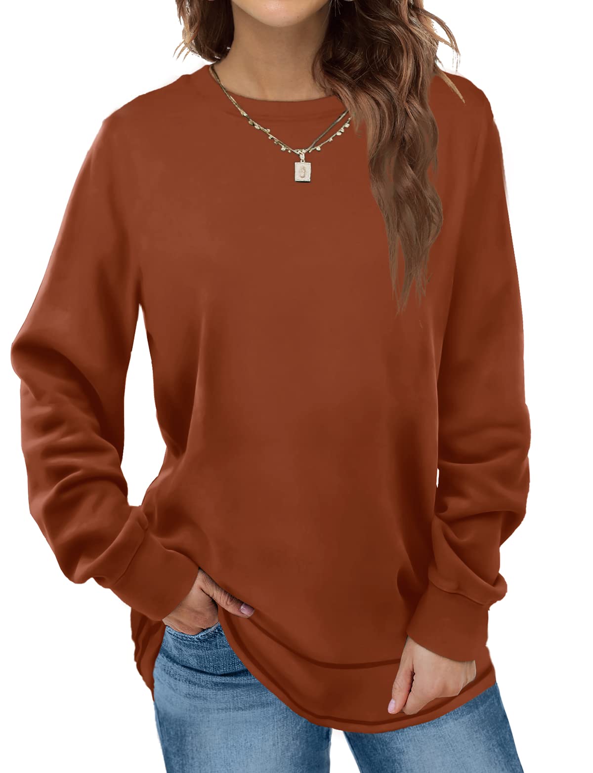 FAVALIVE Women's Long Sleeve Crew Neck Sweatshirt - Fall Tunic Top with Curved Hem for Casual Wear, Layering & Autumn Outfits