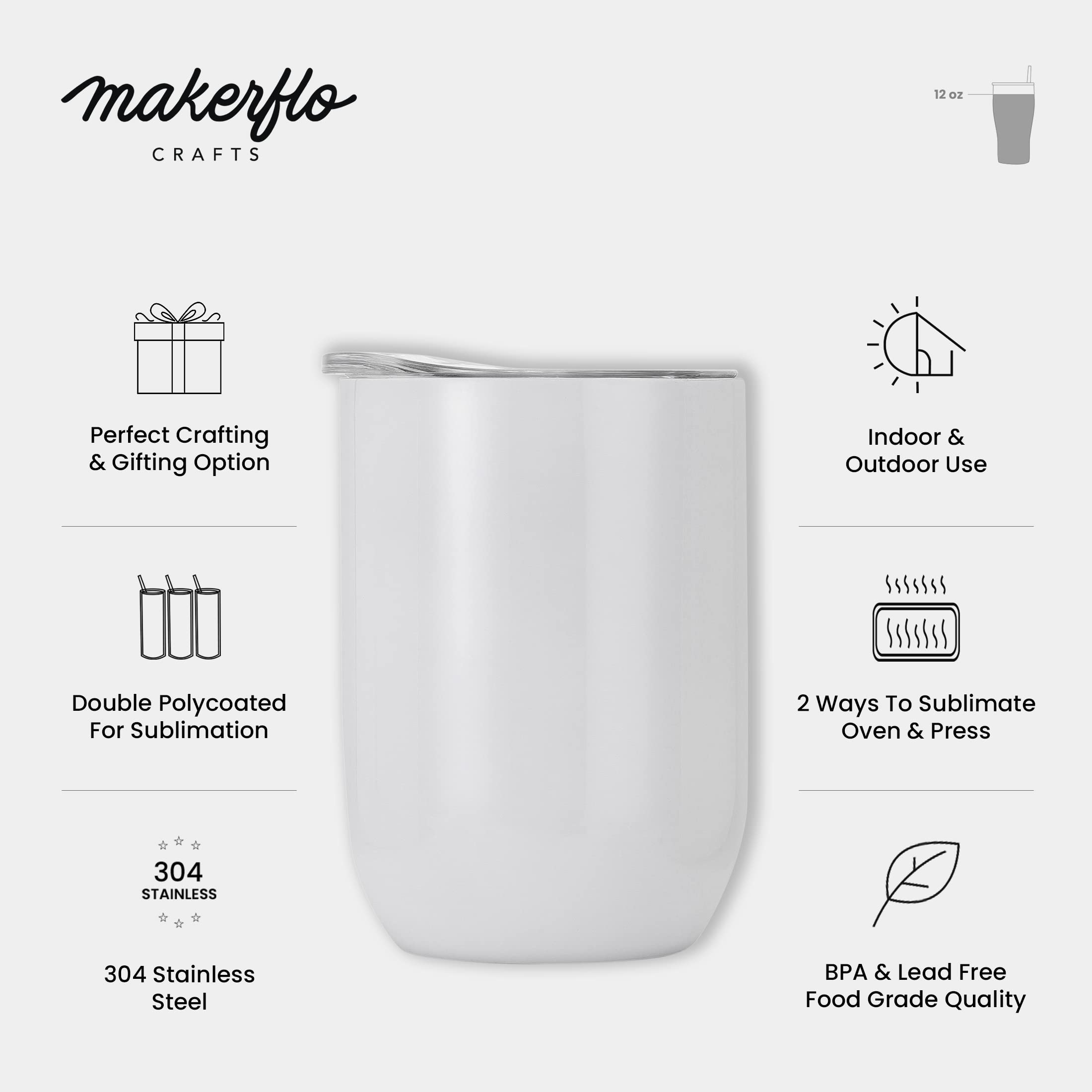 Makerflo 12 oz Straight Wine Sublimation Blank Tumbler - Pack of 25 with Lids | DIY Craft Ready for Sublimation, Epoxy, UV DTF, Vinyl & Laser Engraving | Perfect for Personalized Gifts, Party Favors & Custom Drinkware for Weddings, Birthdays & Corporate Events
