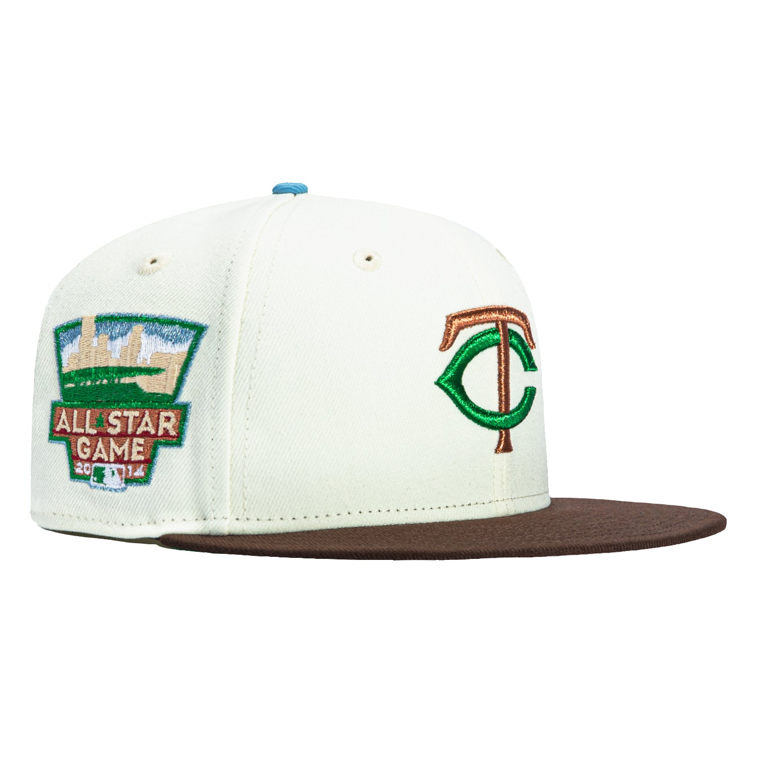 New Era 59Fifty Minnesota Twins 2014 All Star Game Patch Snapback Hat - White, Brown, Metallic Copper, Kelly Green | MLB Baseball Cap for Men & Women | Game Day, Sports Fan Gift, Streetwear Fashion