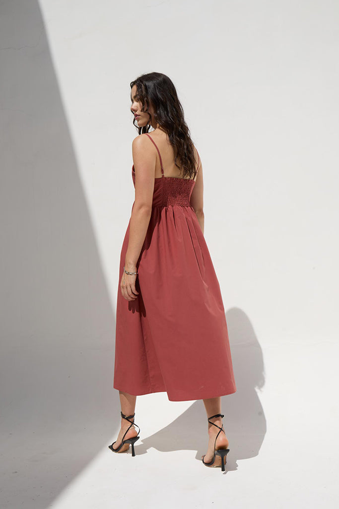 Dèluc Padua Dress in Reddish Brown | Elegant Women's Midi Dress for Casual Wear, Office & Special Occasions