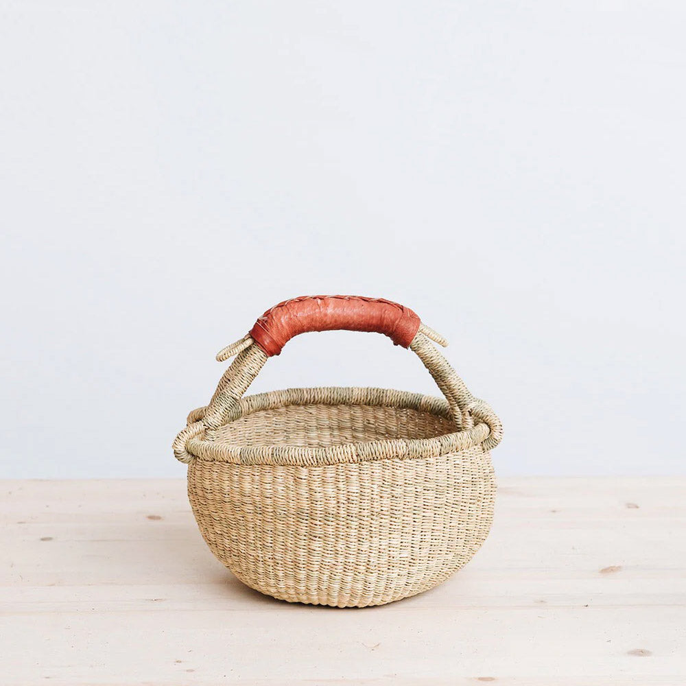 Handwoven Mini Bolga Basket with Brown Leather Handle - Perfect for Home Decor, Picnics & Beach Outings